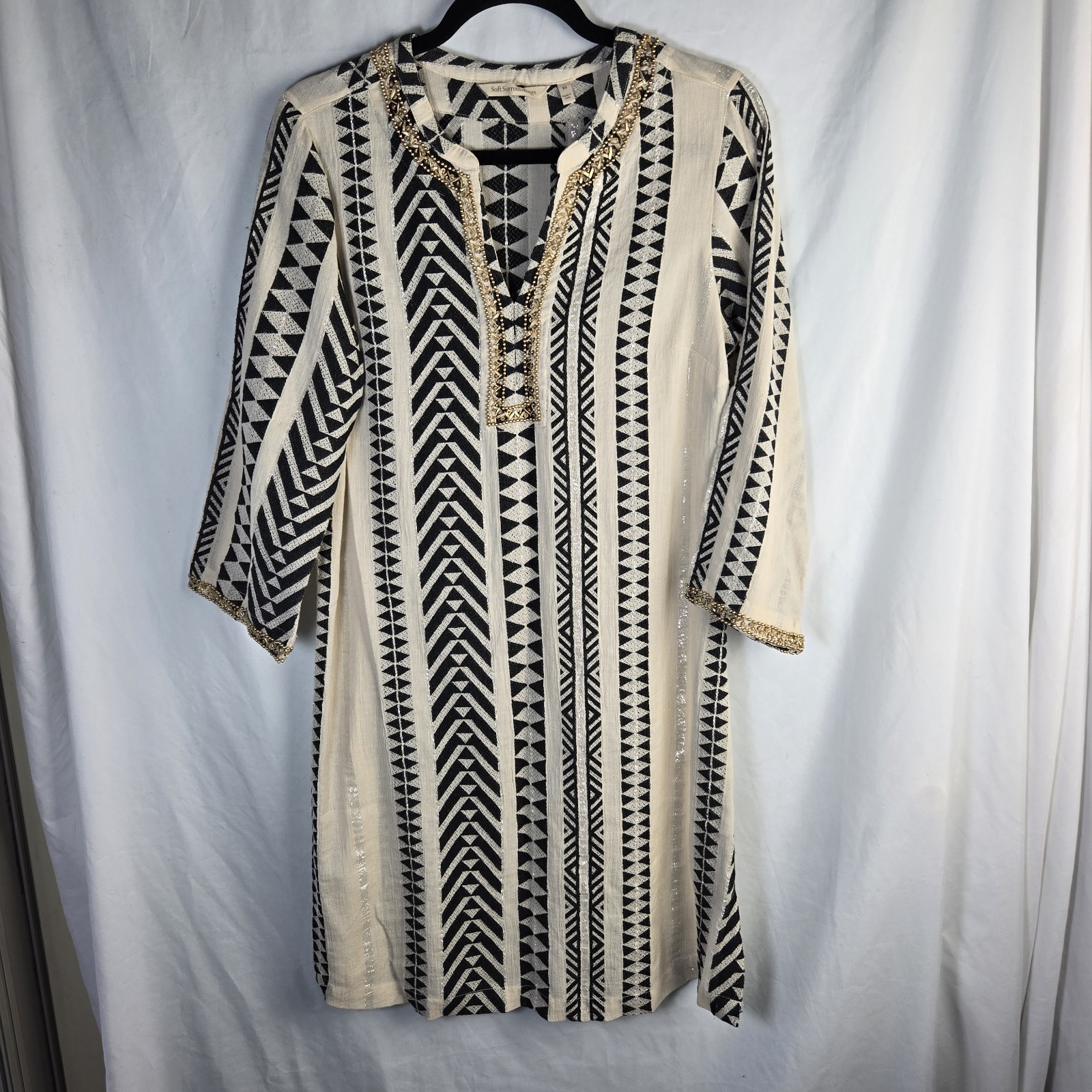 Soft Surroundings Geometric Embroidered Beaded Tunic Blouse XS Metallic Thread