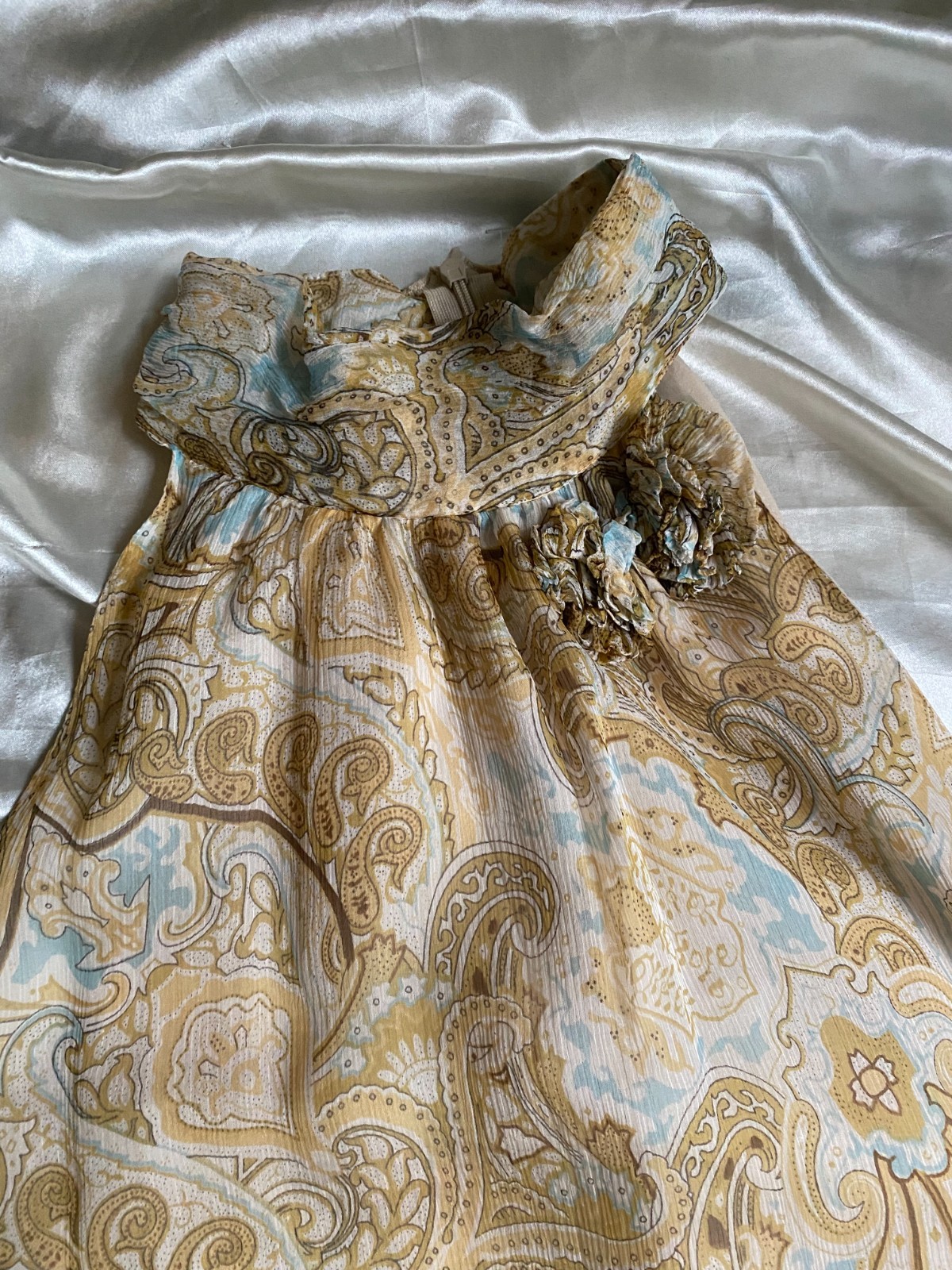 Vintage y2k 100% Silk Cream Paisley Rosette Halter Top Boho Large