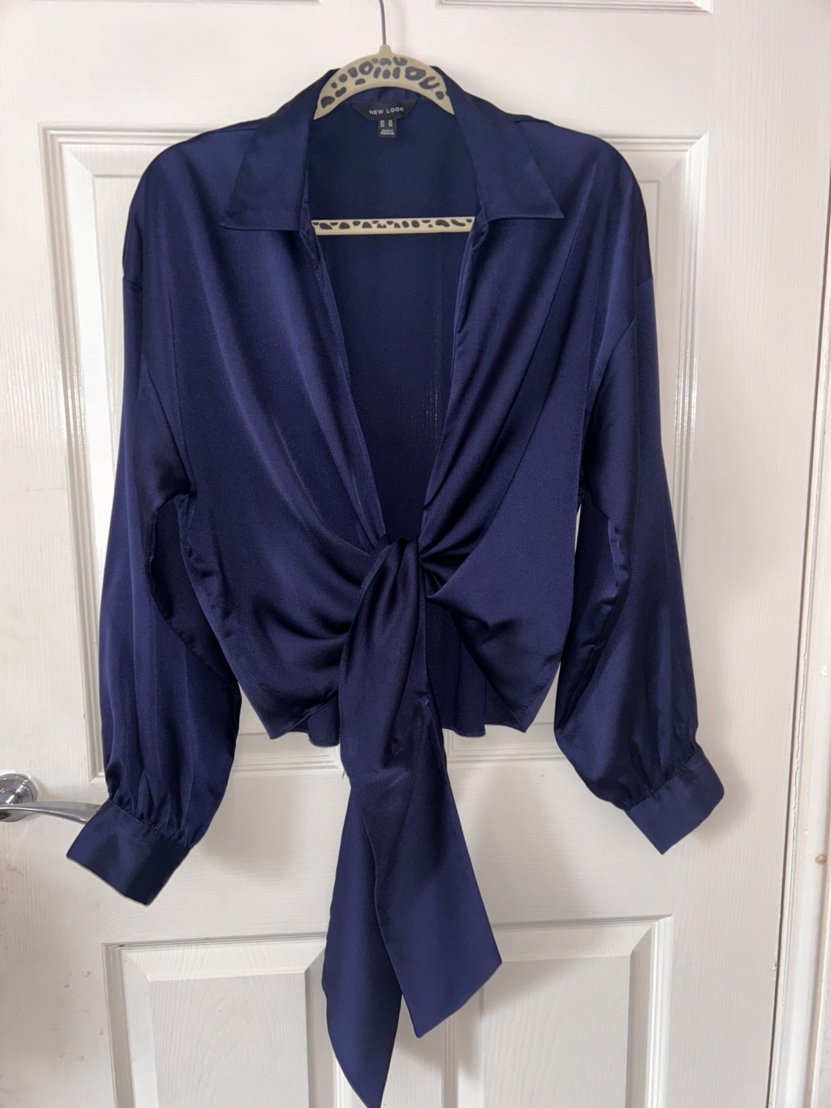 Sz 14 New Look Navy Blue Long Sleeve Blouse Shirt Tie Front Satin Silky Top