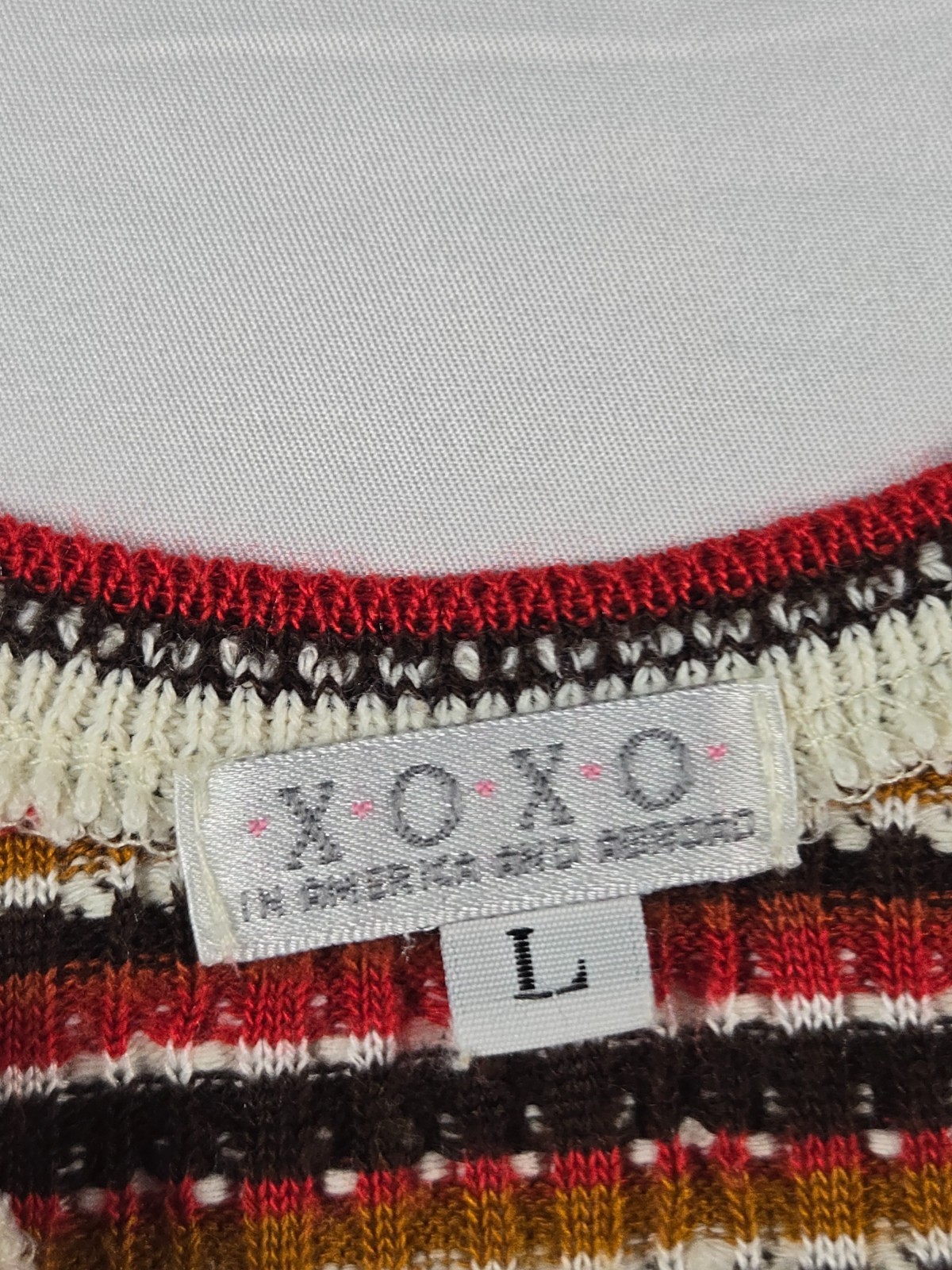 VTG Y2K XOXO Sweater Knit Tank Top L Ivory Striped Lettuce Hem Retro Festival