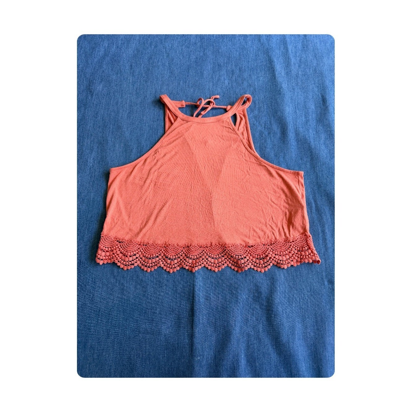 Forever 21 Boho Halter Tie Back Lace Hem Top Peach