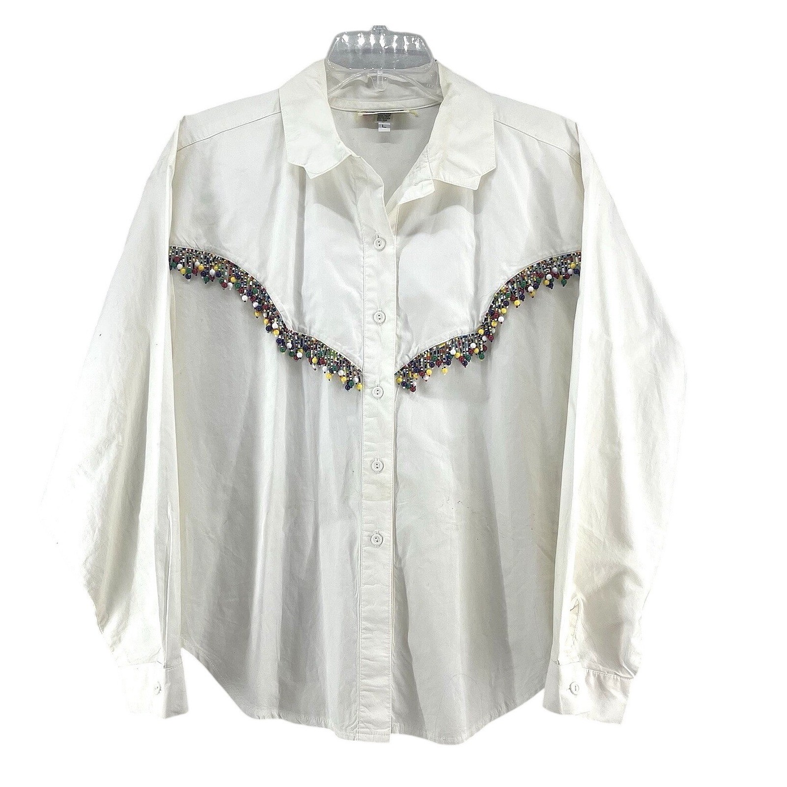Vintage 90s Beaded Button Up Shirt Women’s L White Fringe Western Funky Boho