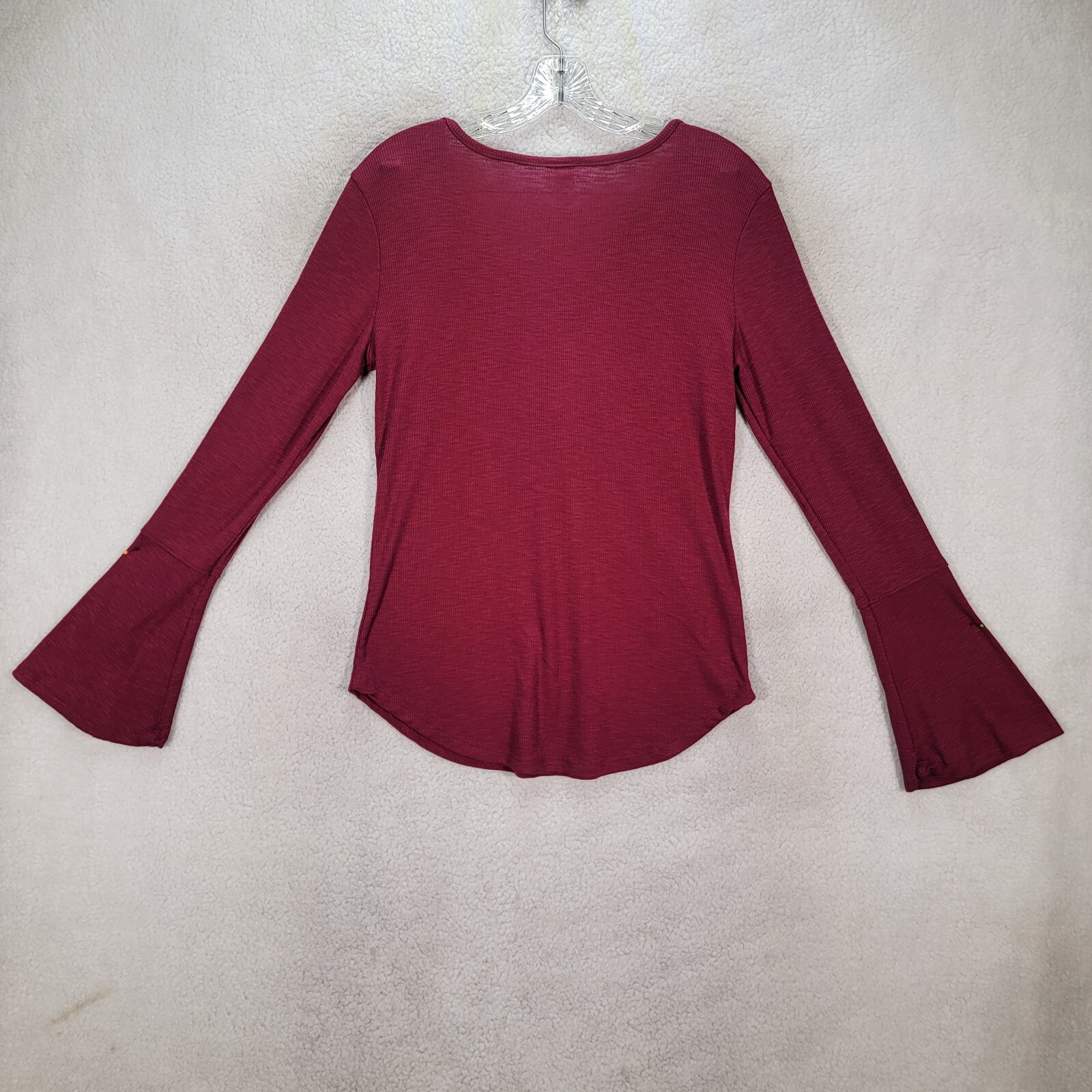 Burgundy Knit Womens Top Stretch Tassel V Neck Flare Sleeve Casual Blouse Size L