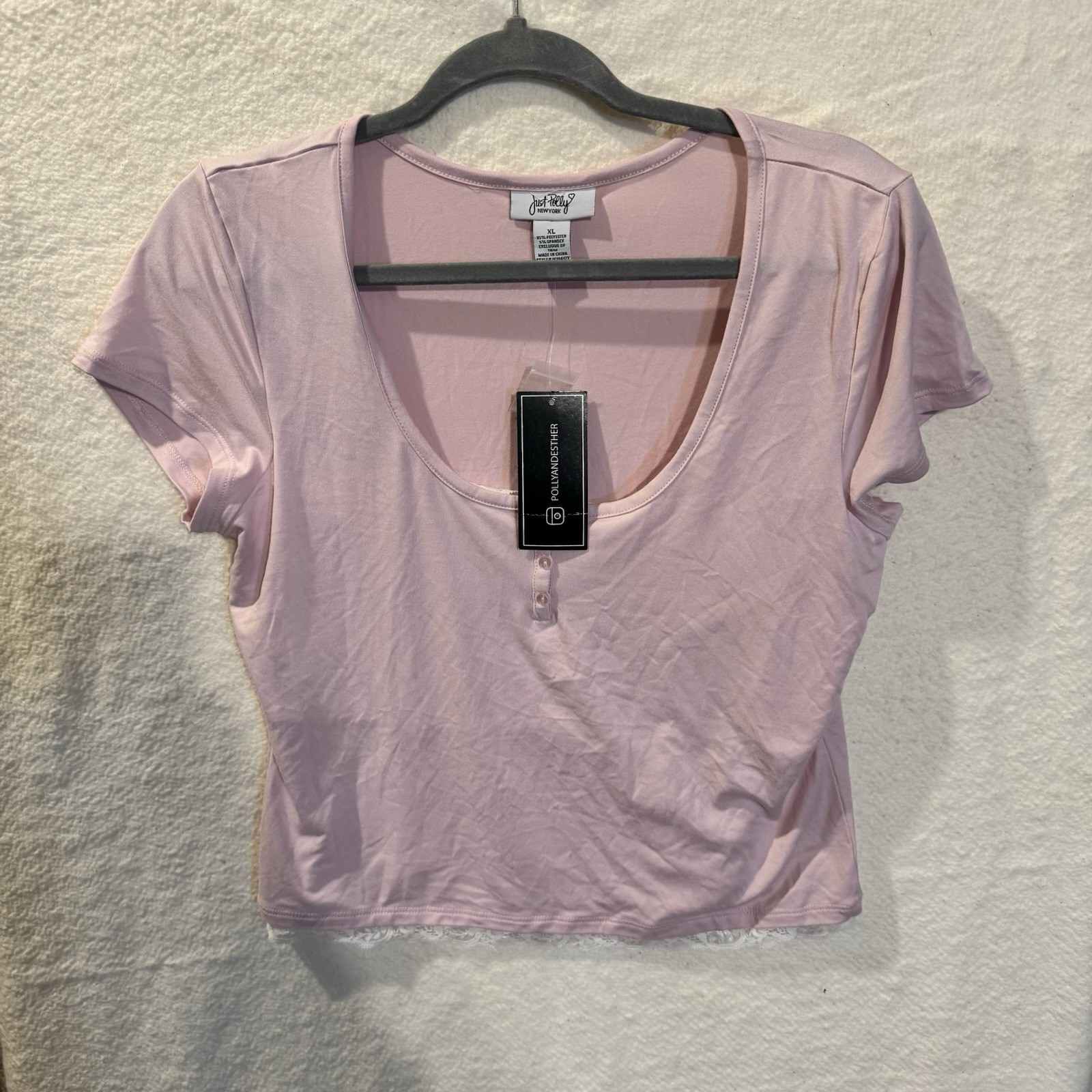 Just Polly New York Crop Top Junior XL Short Sleeve Pink With Lace Trim Soft NWT