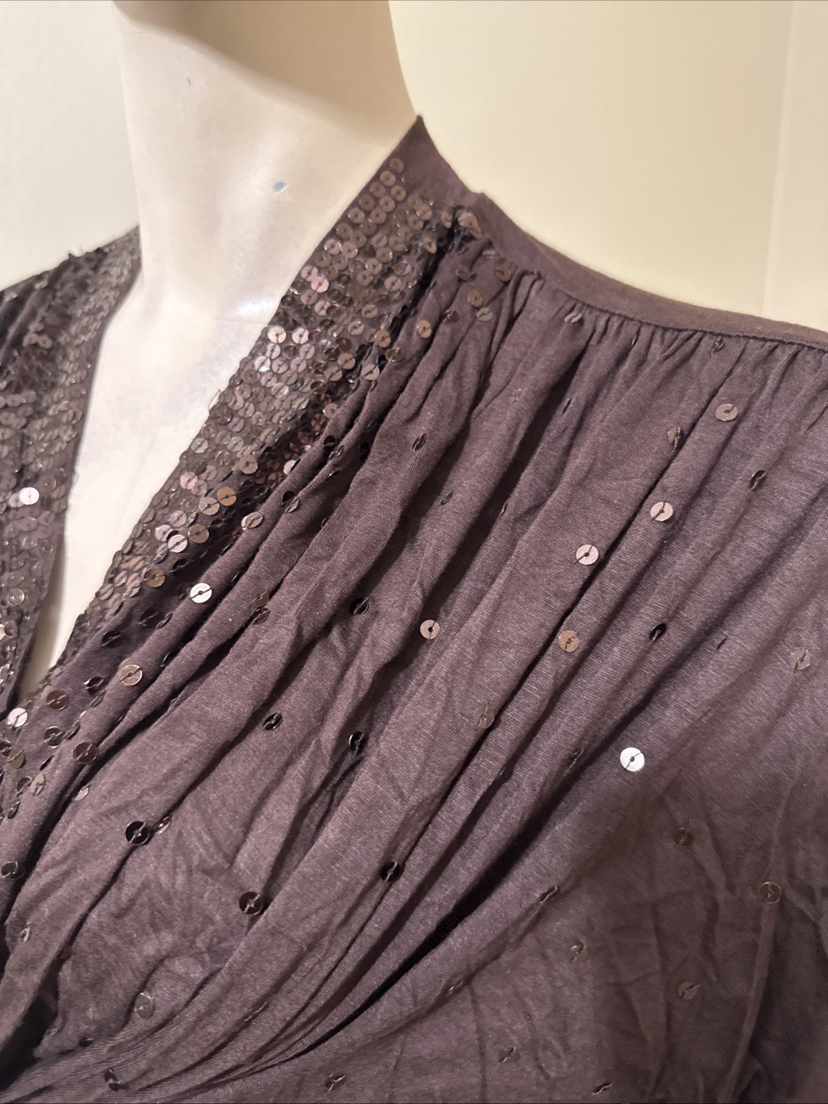 Women’s Brown Rayon Casual Pleated Stretch Beaded Bundle Size L Blouse Top