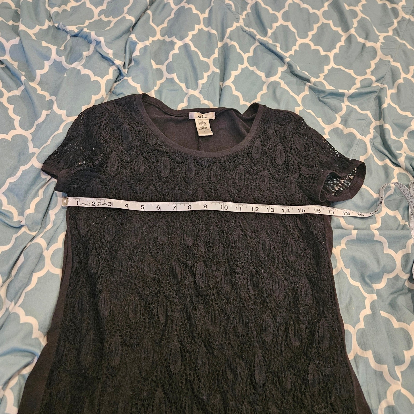 Isela Women’s Black Lace Front Top Medium Short Sleeve Sheer Overlay Blouse