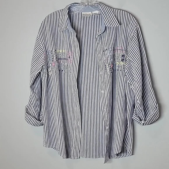 KORET FRANCISCA embroidered floral stripe button up shirt womens size medium