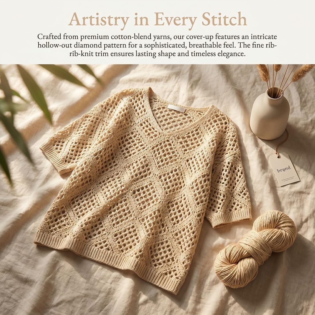 Women’s Bohemian-Inspired Beige Crochet Top with V-Neck