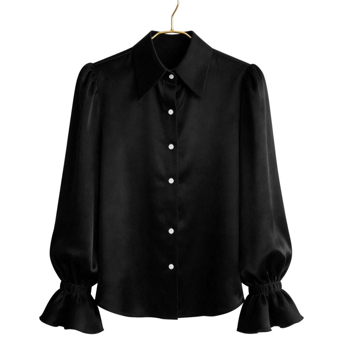 Women Satin Office Lady Elegant Shirt Blouse Button Up Satin Long Sleeve Shirt