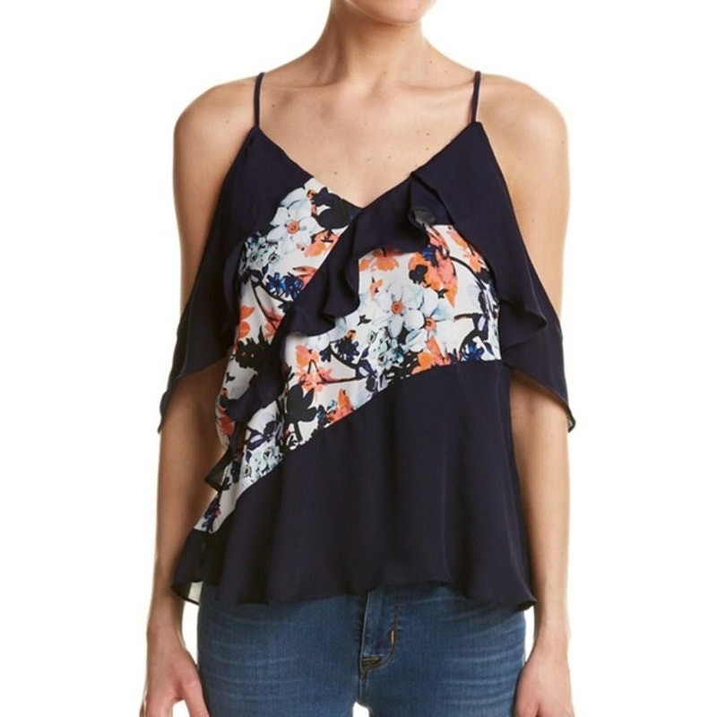 Parker Draped Sleeve Blouse Cold Shoulder Ruffle Pieced Paisley Print Black M