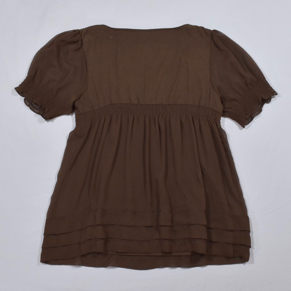 ECI New York Brown Chiffon Short Sleeve Babydoll Lined Blouse, Rosettes, Size 10