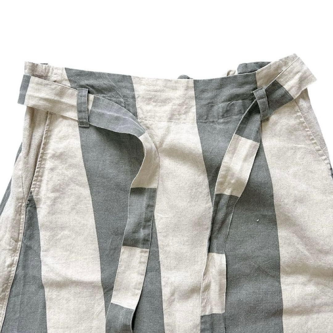 Ichi Antiquites Linen Knee-Length Skirt Beige Gray Stripe Elastic Waist