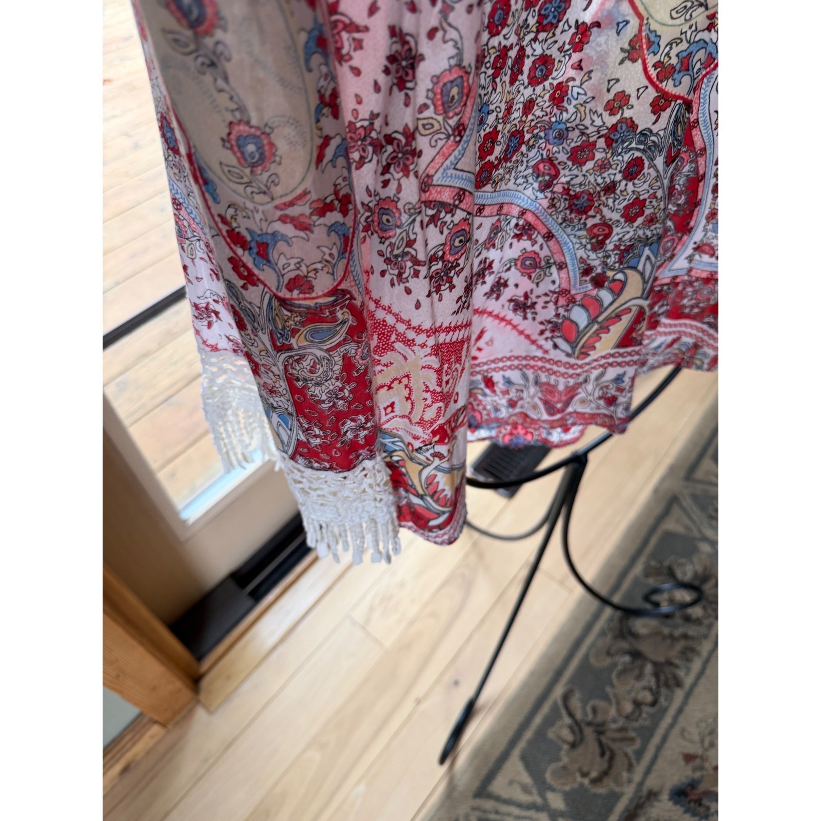 Sundance Womens Red Paisley Floral Rayon Boho Blouse Fringe Tassels Size M