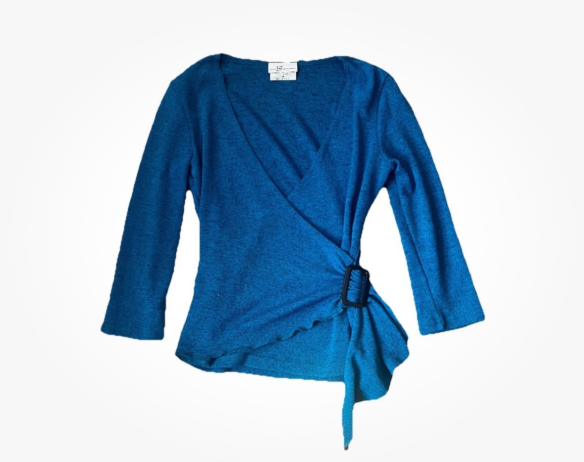 VTG 90s Y2K IZ Byer Blue Belted Assymetrical Blouse Preppy Coconut Girl 2000s