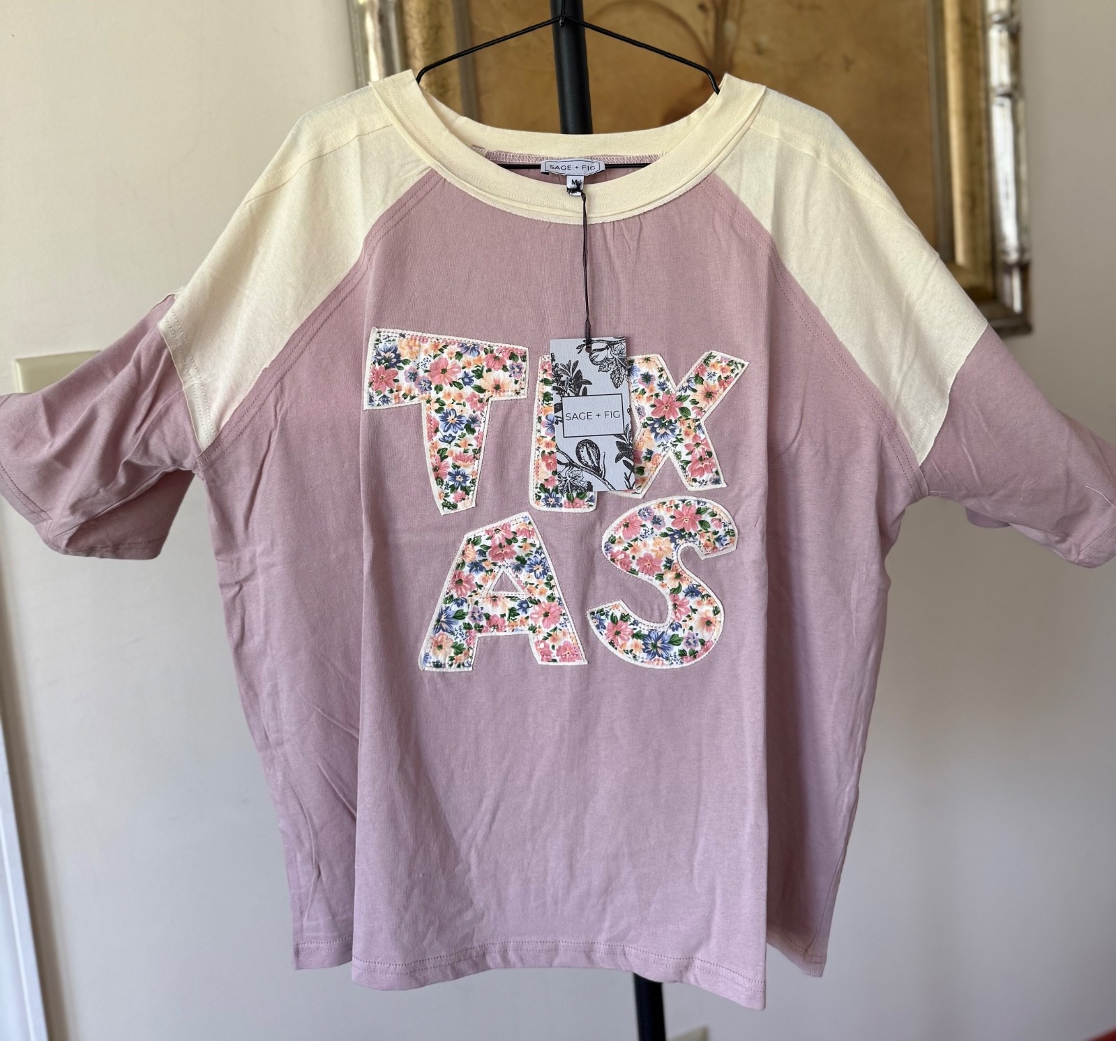 Sage + Fig “TEXAS” Patchwork T Mauve ans Cream NWT