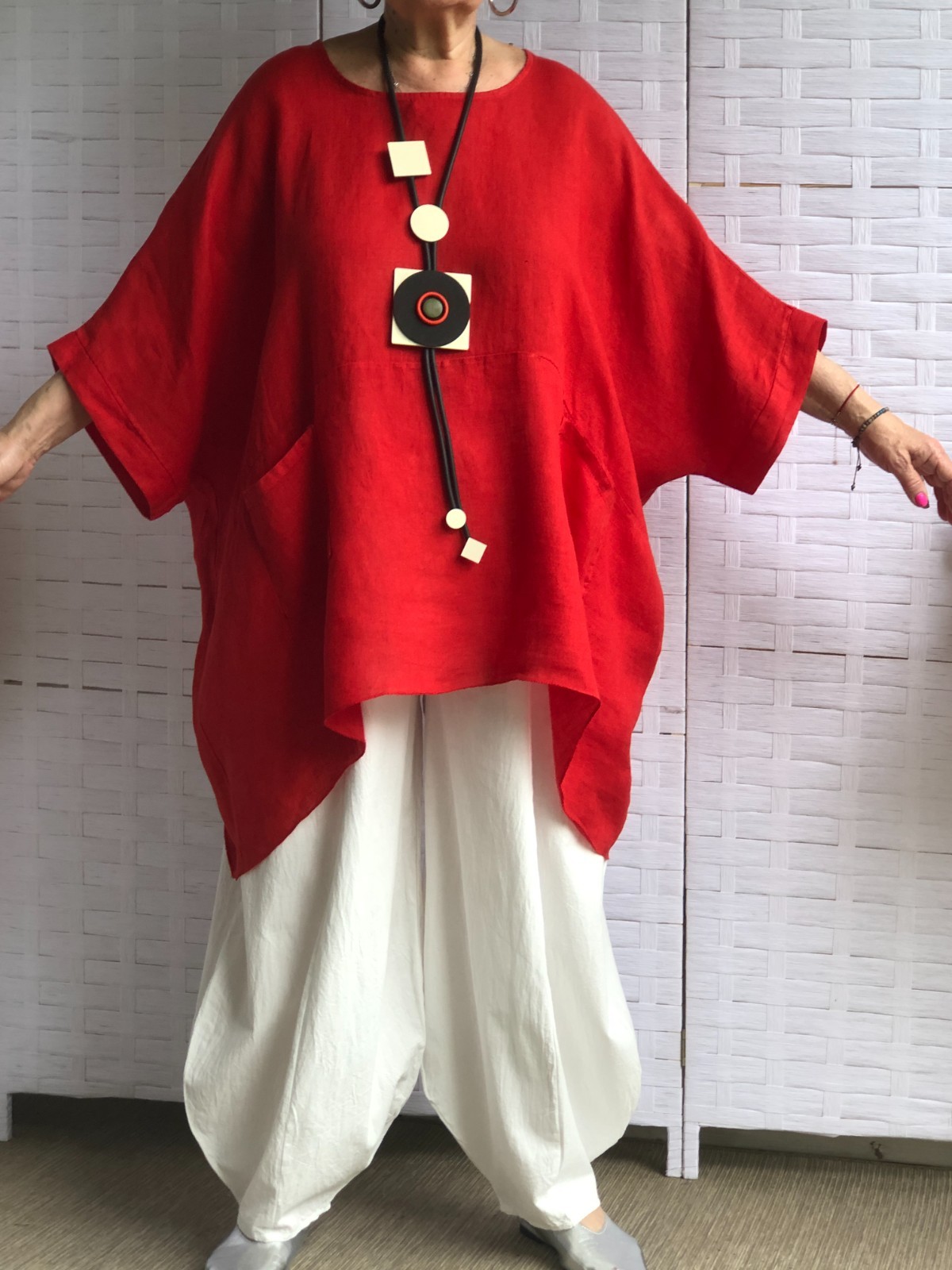 Artsy Lagenlook Oversized Red Italian Linen Tunic Dress Pockets Necklace OSFM