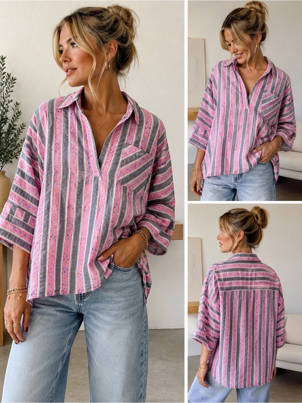 GANNI Pink Gray Striped Floral Oversized Popover Blouse Shirt S/M