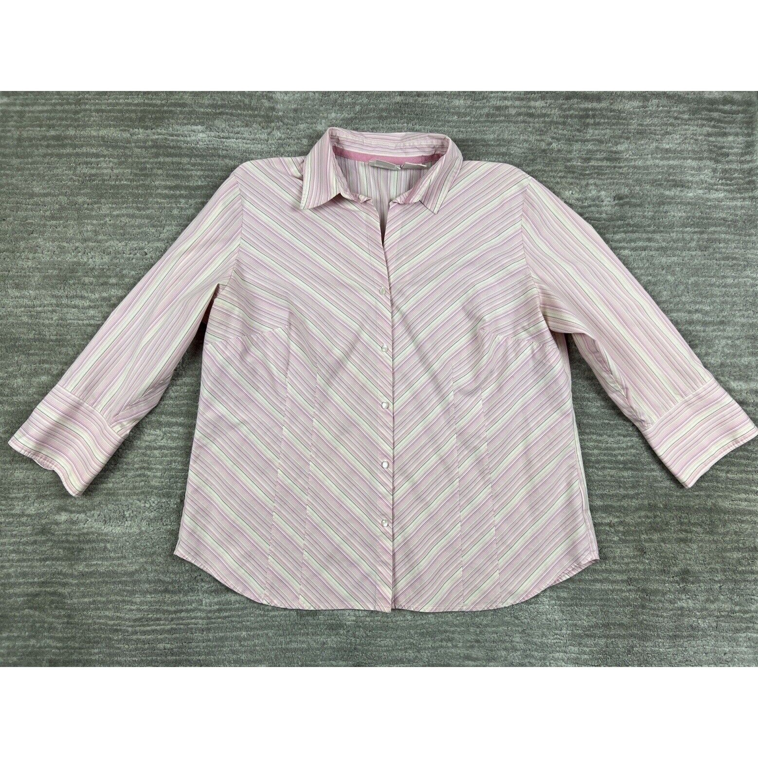 Worthington Button Up Shirt Women 1X Pink Striped 3/4 Sleeve Stretch Easy Care