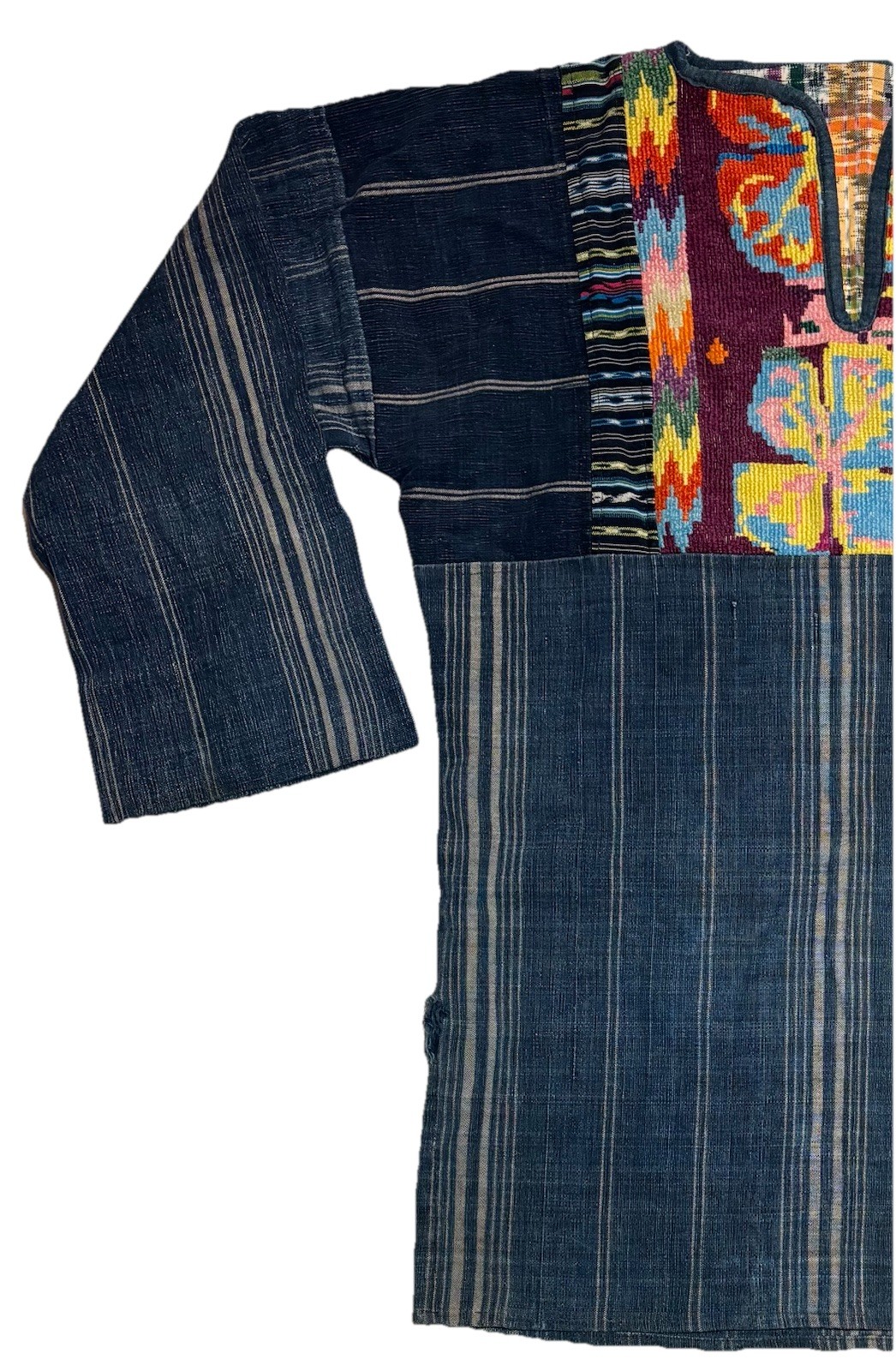 Vtg Guatemalan Indigo Denim Tunic Top Shirt Needlepoint Embroidery boho hippie