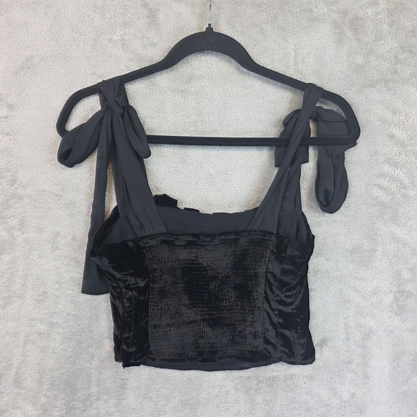 Free People Tank Top Womens XS Black Velvet Square Neck Tie Strap Lined Cropped