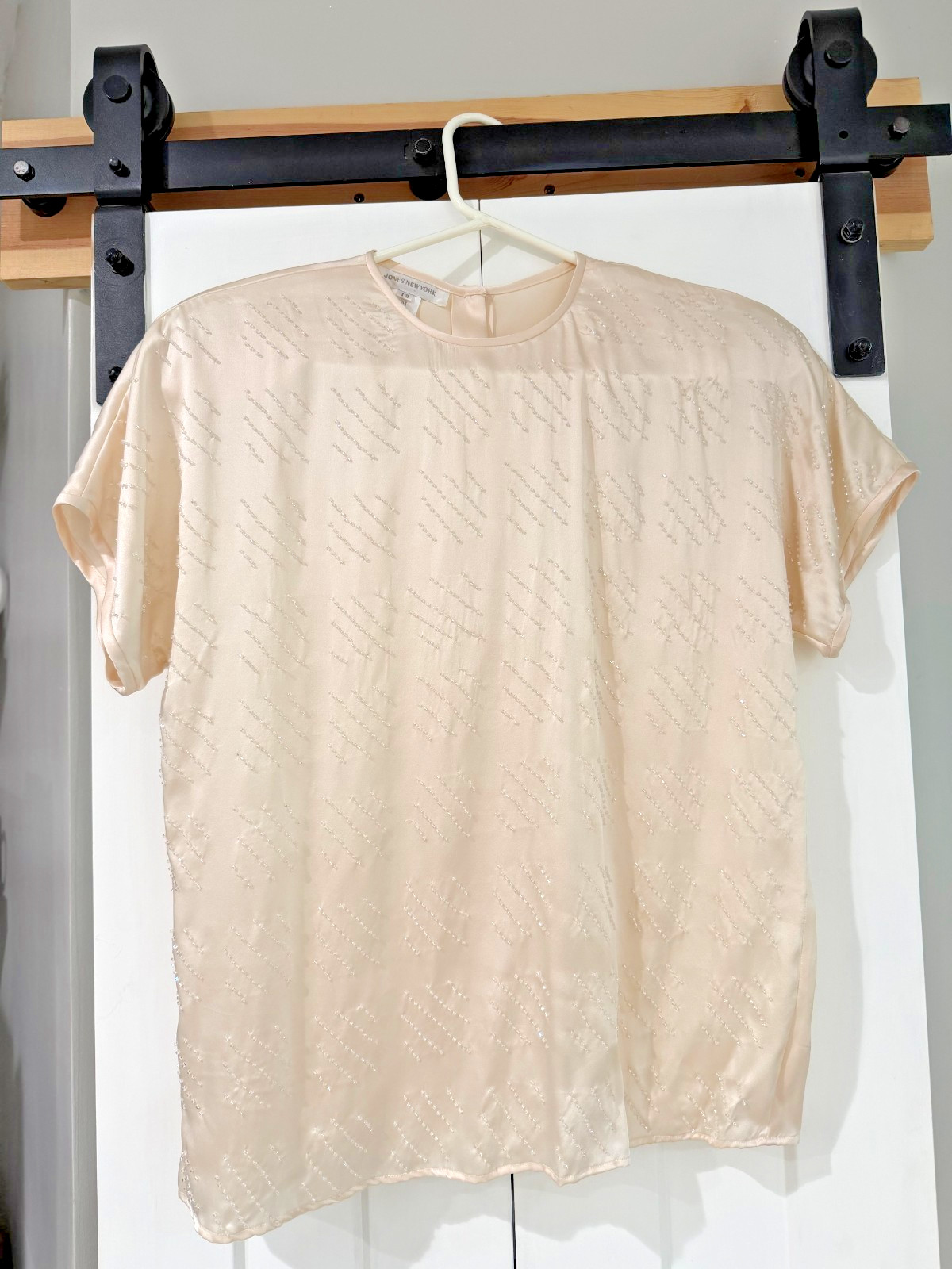 Jones New York Women’s Silk Cream Beaded Blouse with button down back shoulder