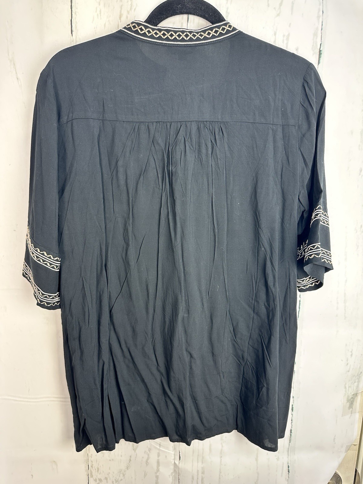 NWT Floryday L Black Tan Embroidered Floral Short Sleeve Peasant Blouse Top