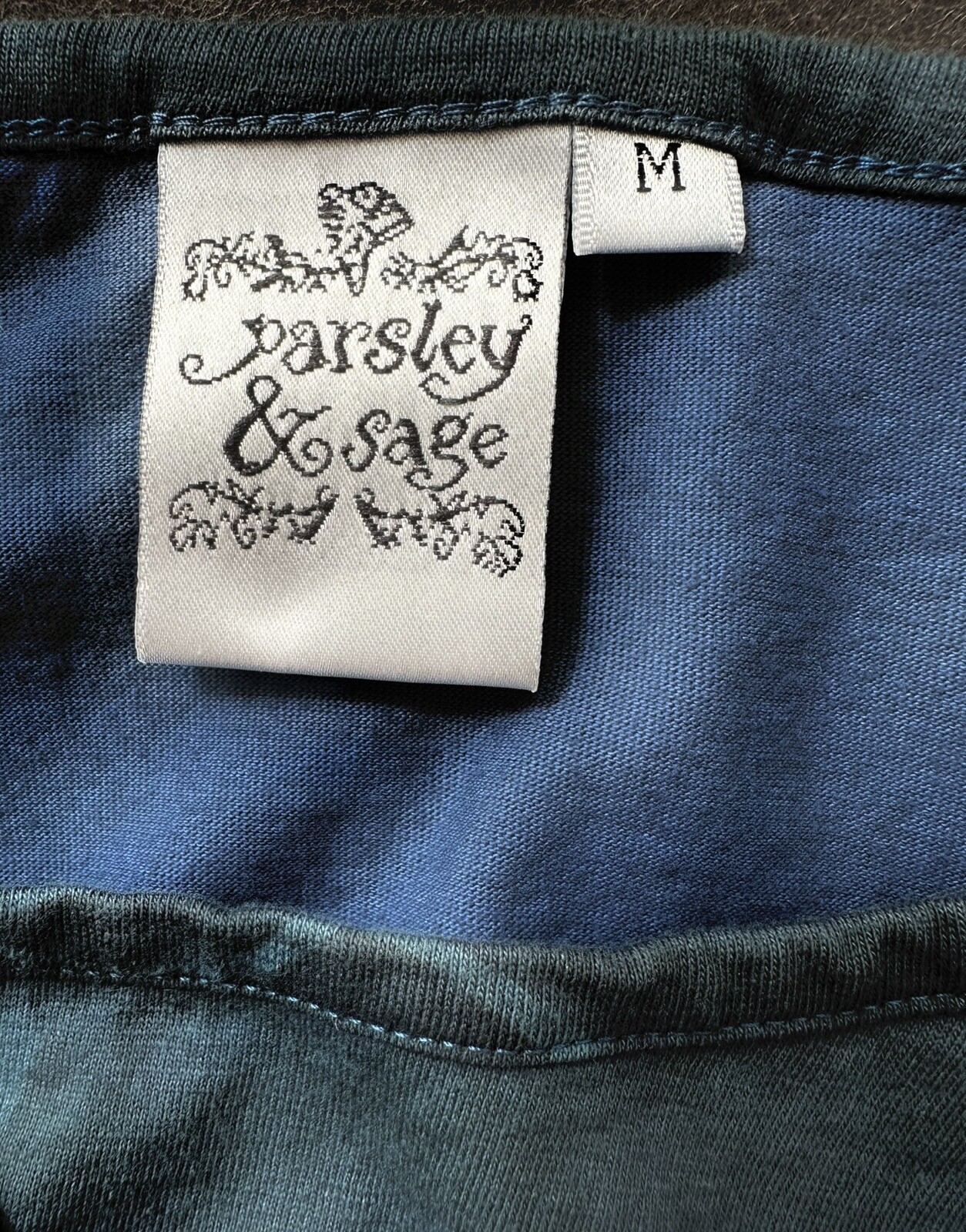 EUC Parsley & Sage Mixed Print Asymmetrical Top Lagenlook M Blue 100% Cotton