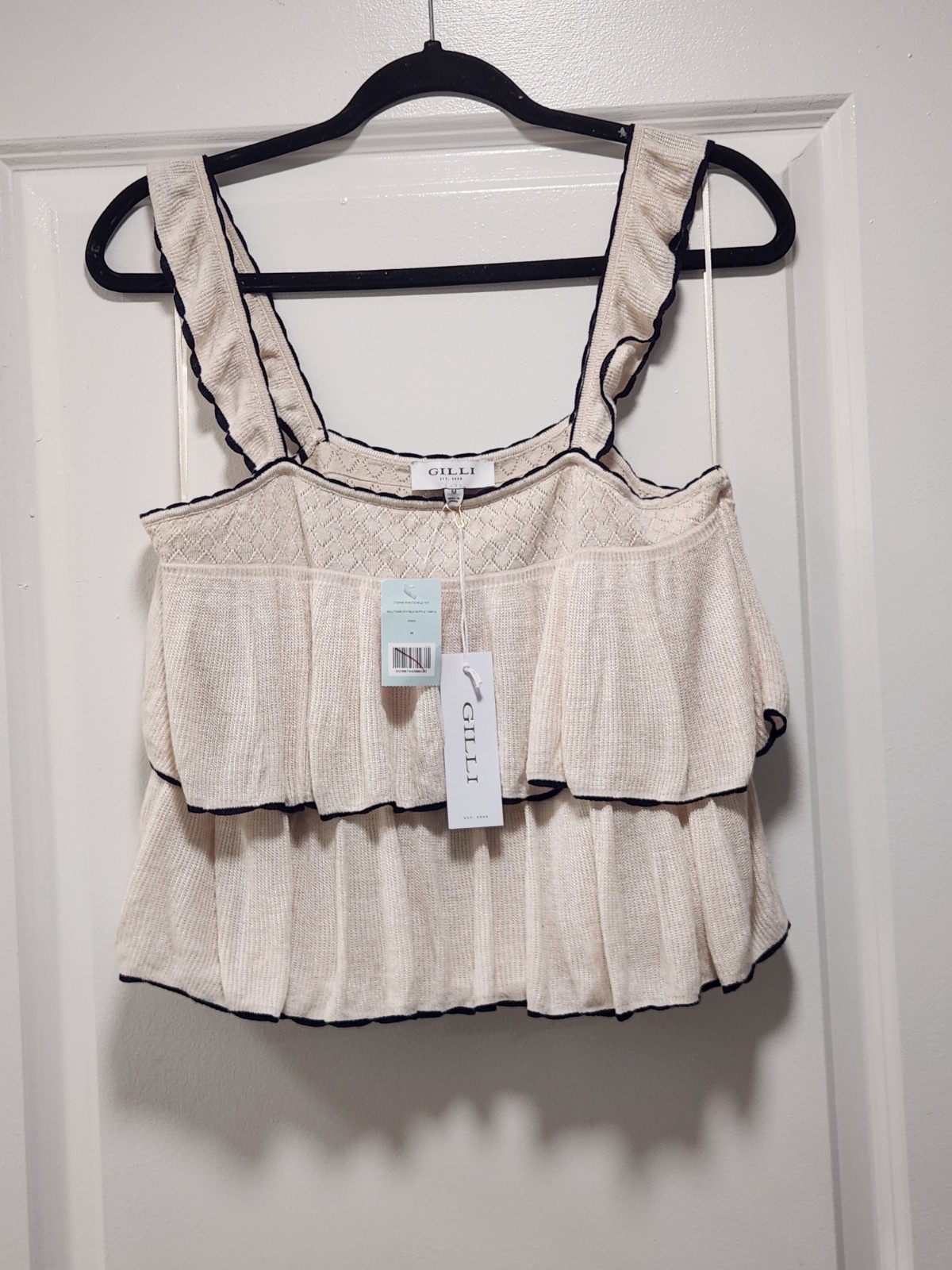 NWT Gilli Ivory Ruffle Knit Tiered Tank Top Contrast Trim Medium Coquette