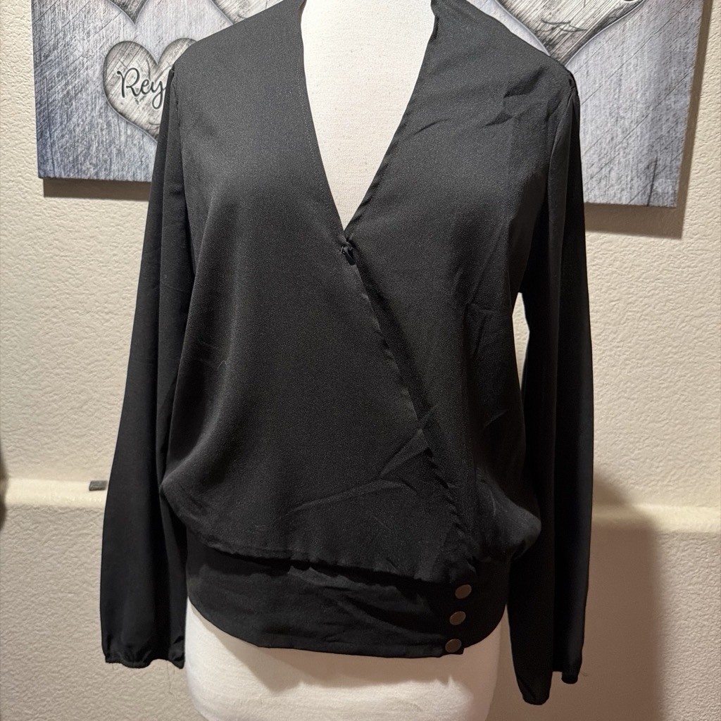 GUESS Black Wrap Front Long Sleeve Top