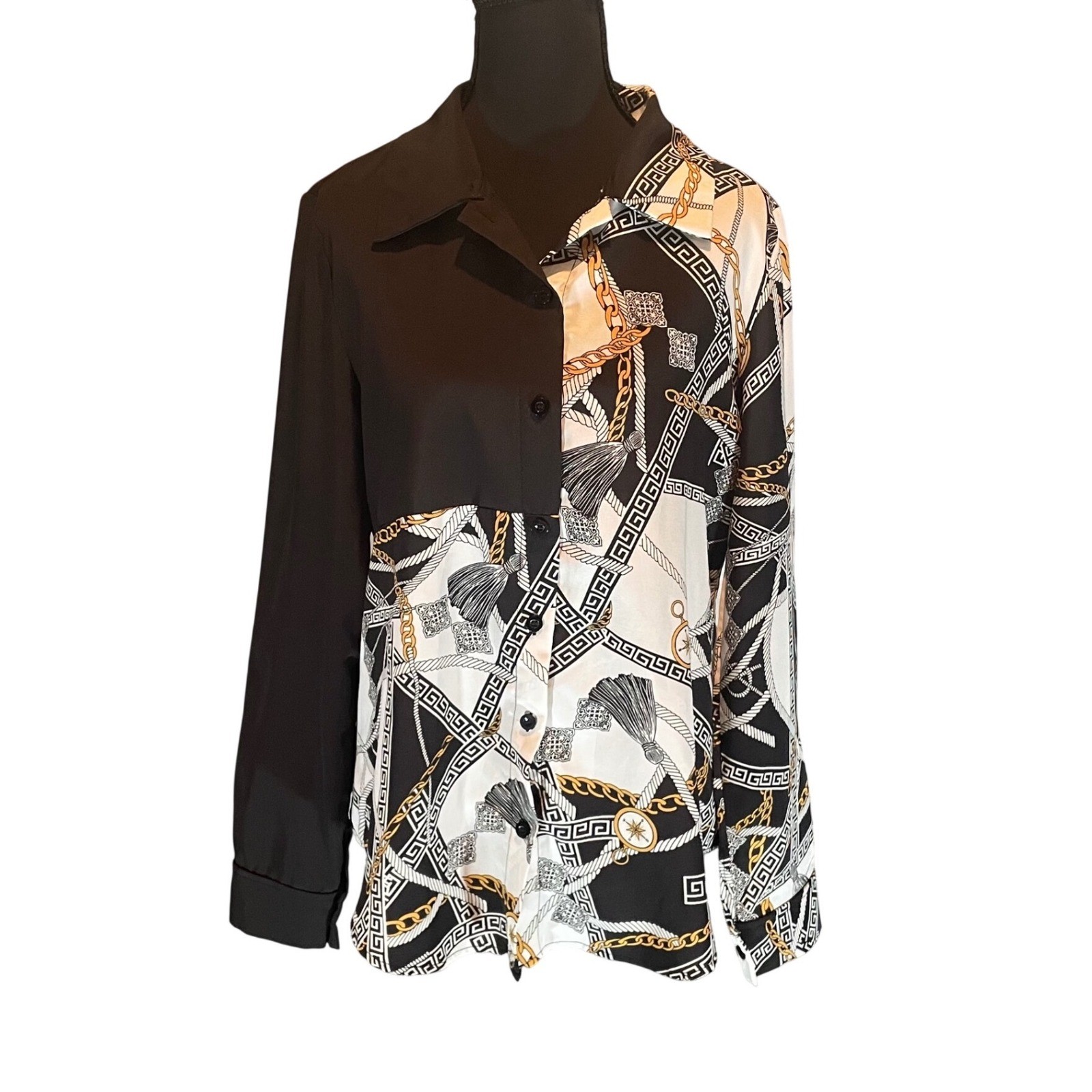 Women Black White Gold Scarf Print Colorblock Button Down Blouse Top 90s Baroque