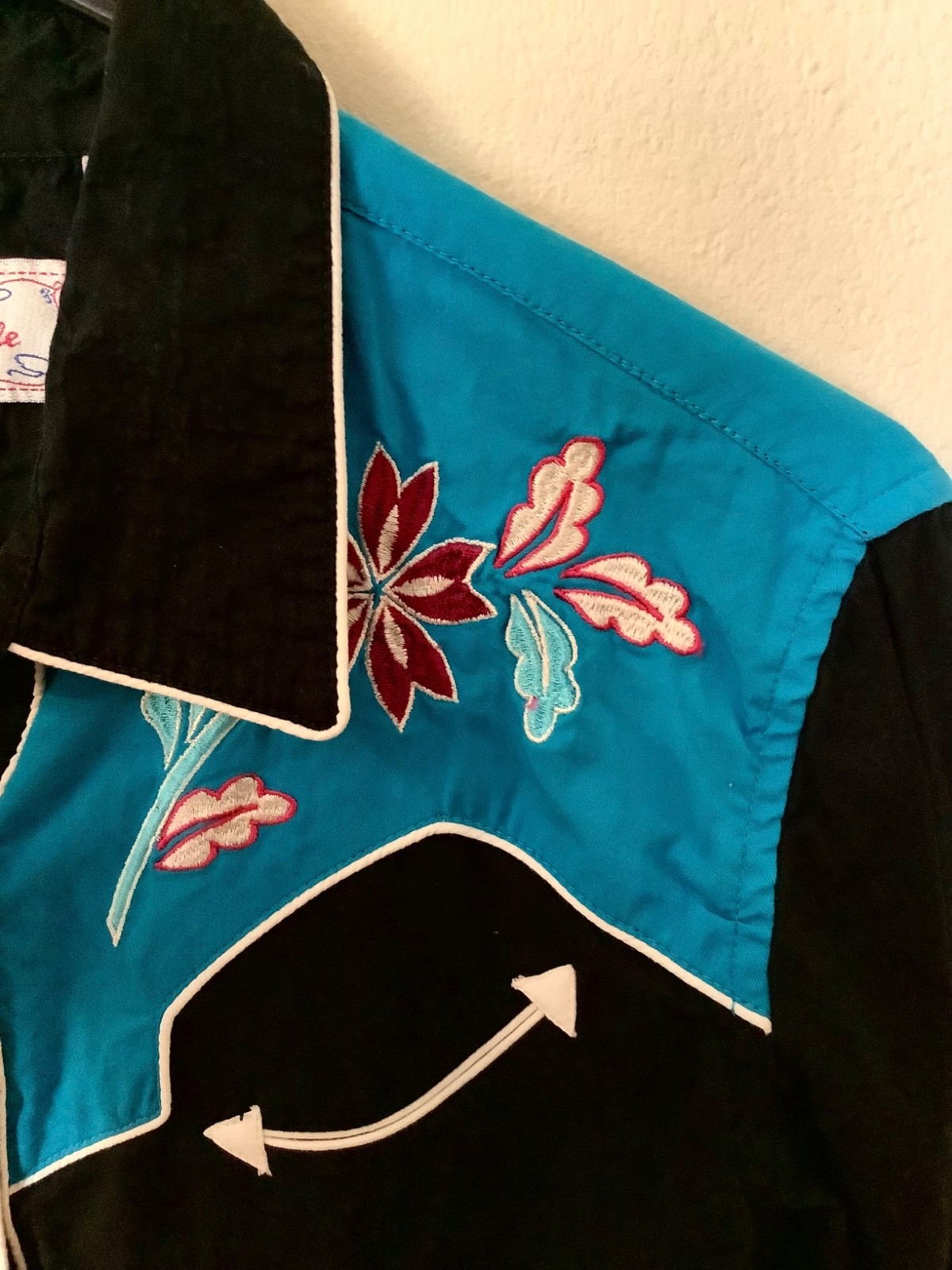 Panhandle Women Medium Shirt Western Retro Rodeo Rockabilly Embroidered Turquois