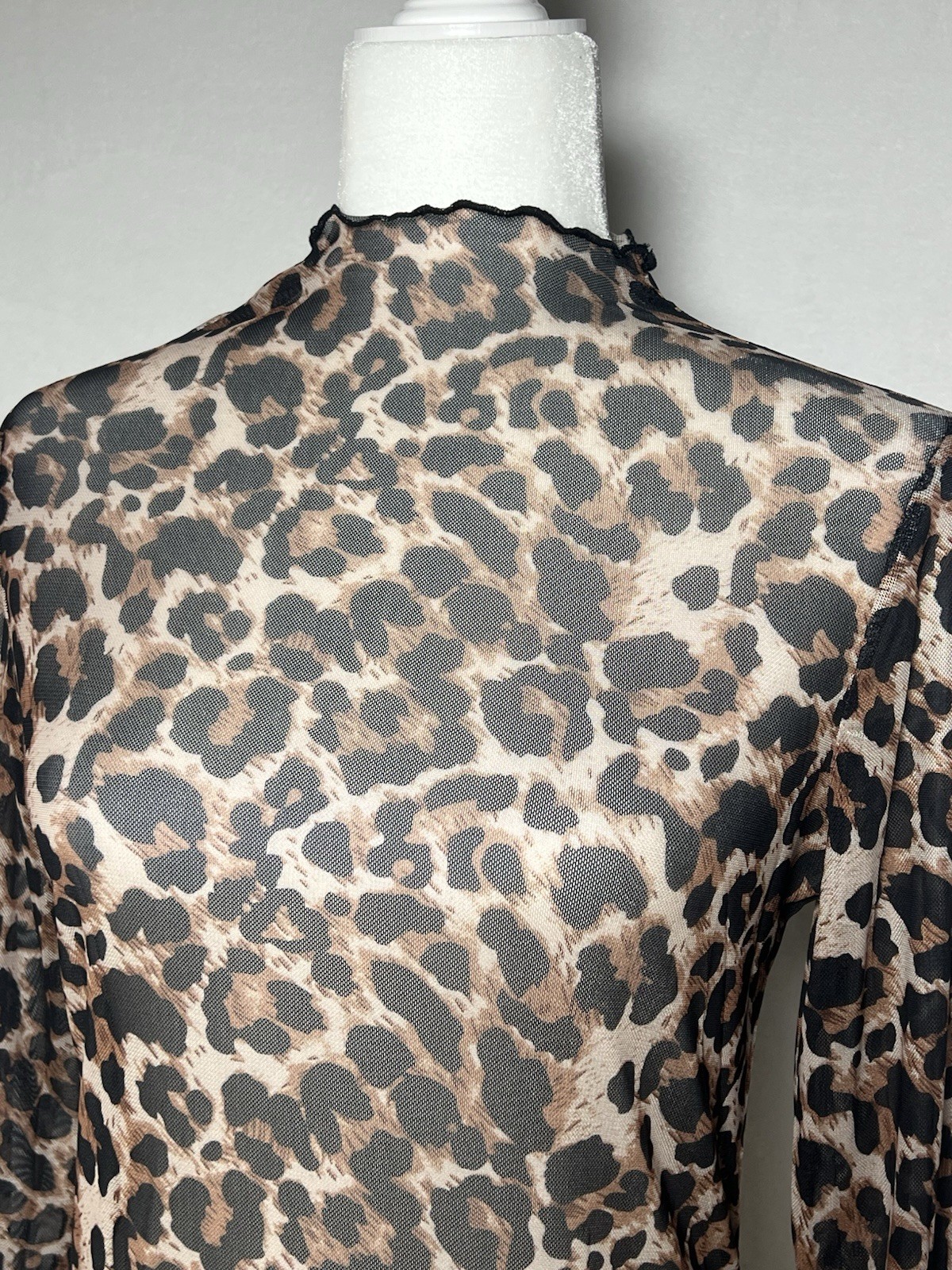 NWOT Semi Sheer Mesh Brown Black Leopard Print Long Sleeve Top – size S