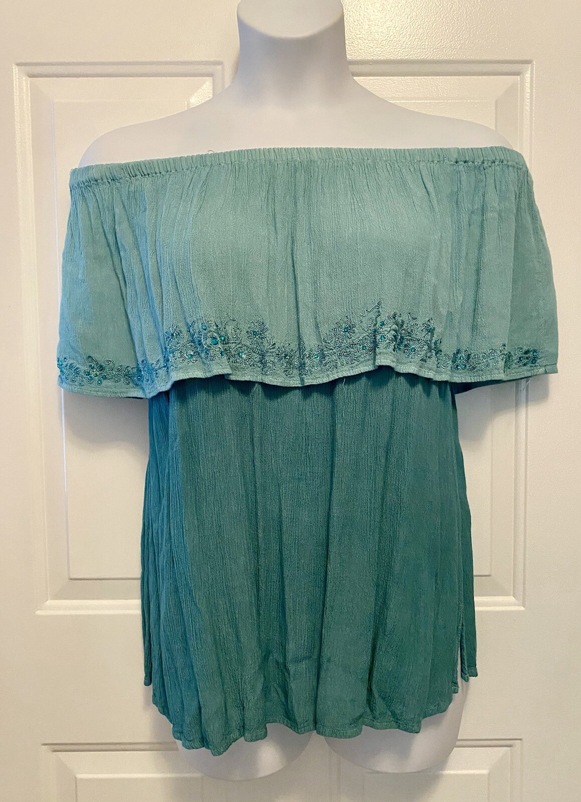 RAYA SUN Women’s Large Blue Green Ombré Embroidered Beaded Peasant Shirt Top
