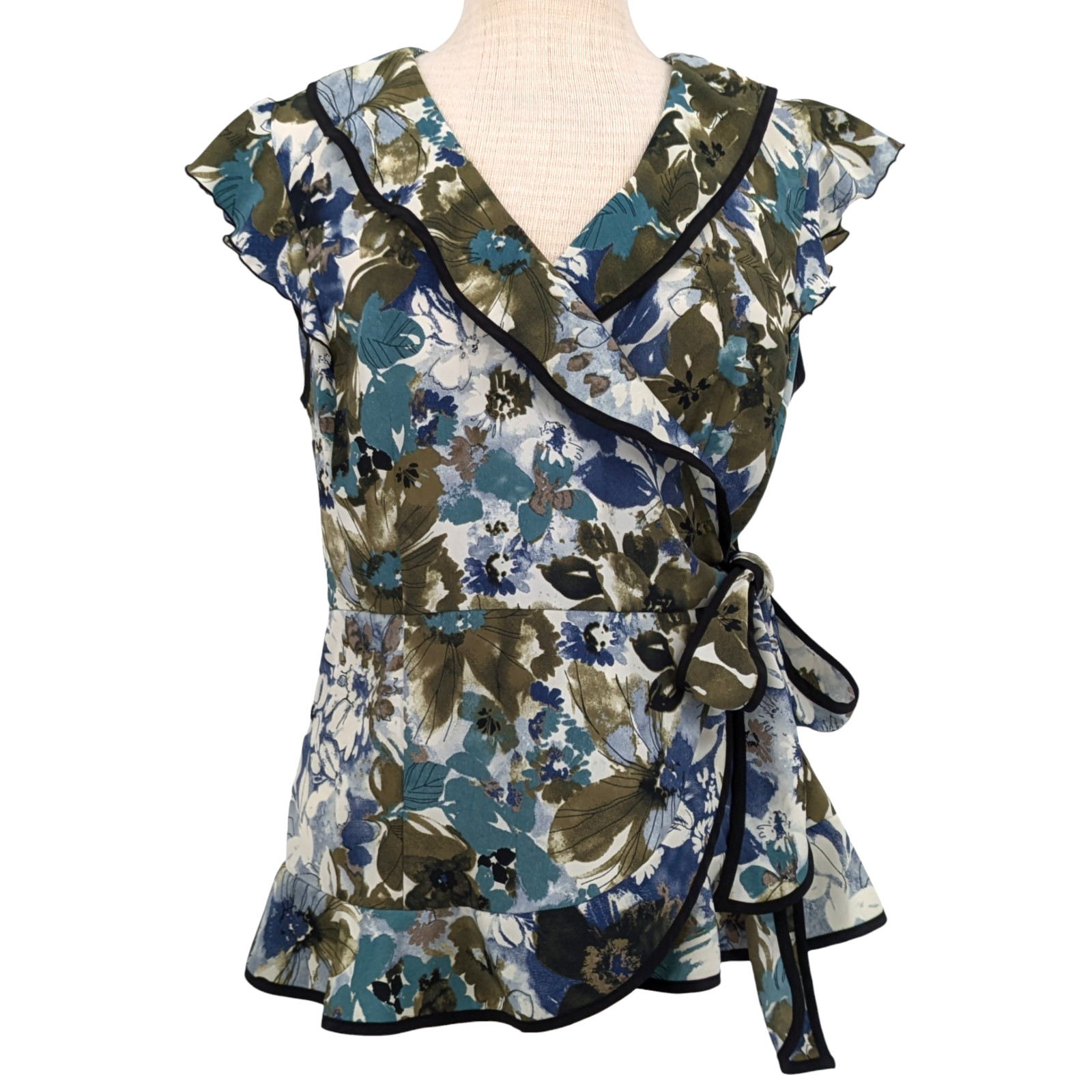 Teal Floral Satin Wrap Blouse L Ruffle Peplum Dark Coquette Cottage Fairy Grunge