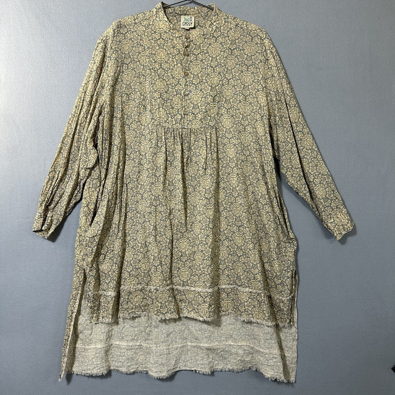 Jaded Gypsy Long Sleeve Oversized Tunic O/S High Low Hem Frayed Edges Pockets