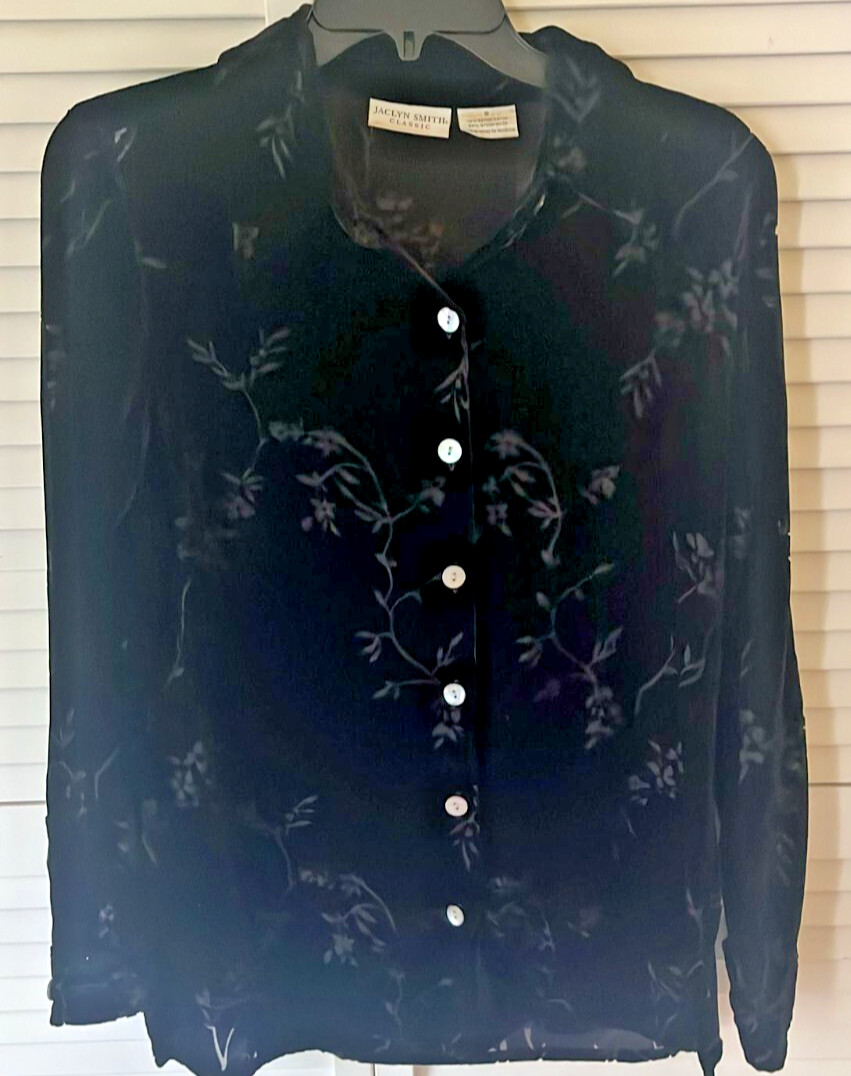 Vintage Jaclyn Smith Classic BLACK Long Sleeve Floral Velour Button Up Sz S slit