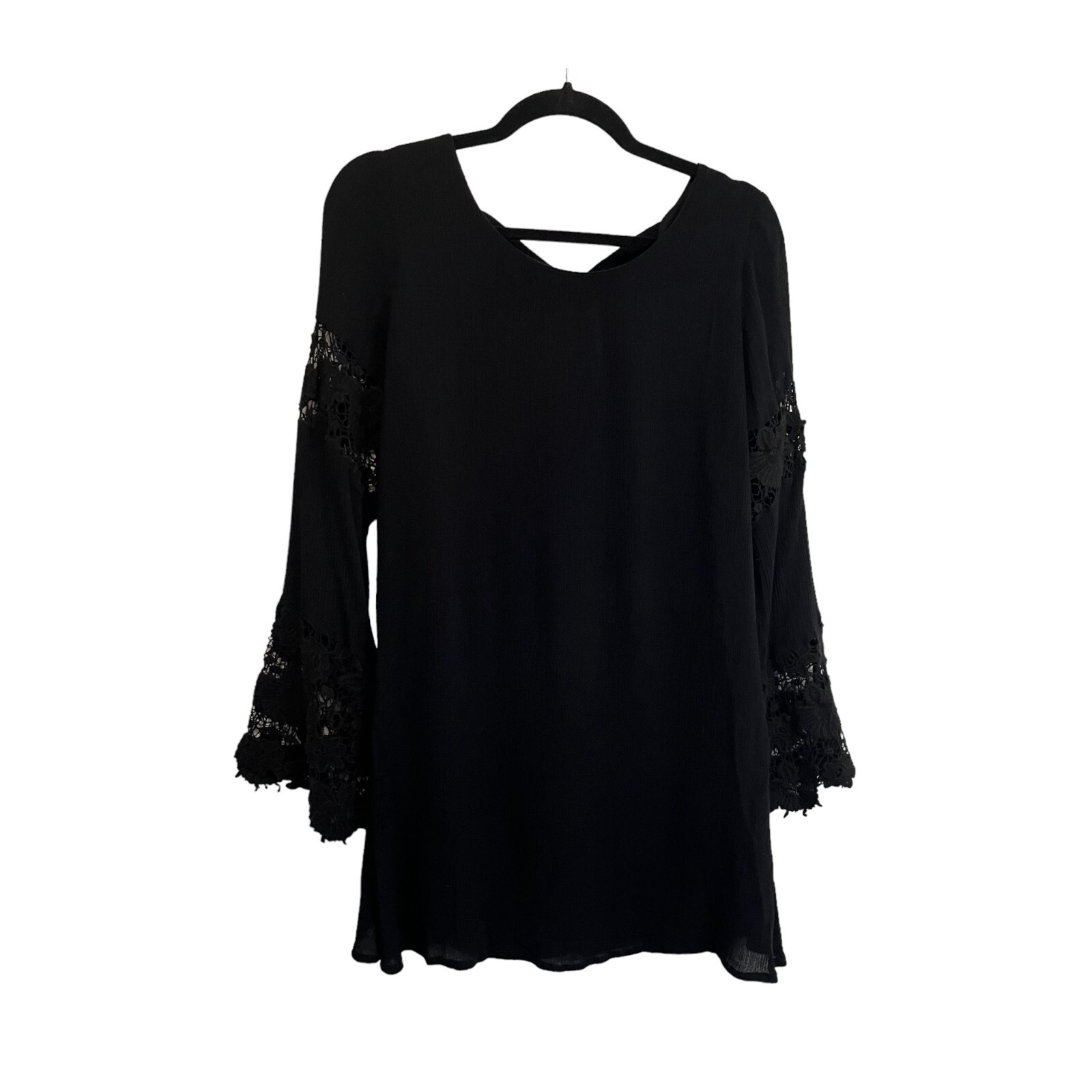 Kori America Black Long Crochet Sleeves Boho Tunic Top Lined Womens Size S