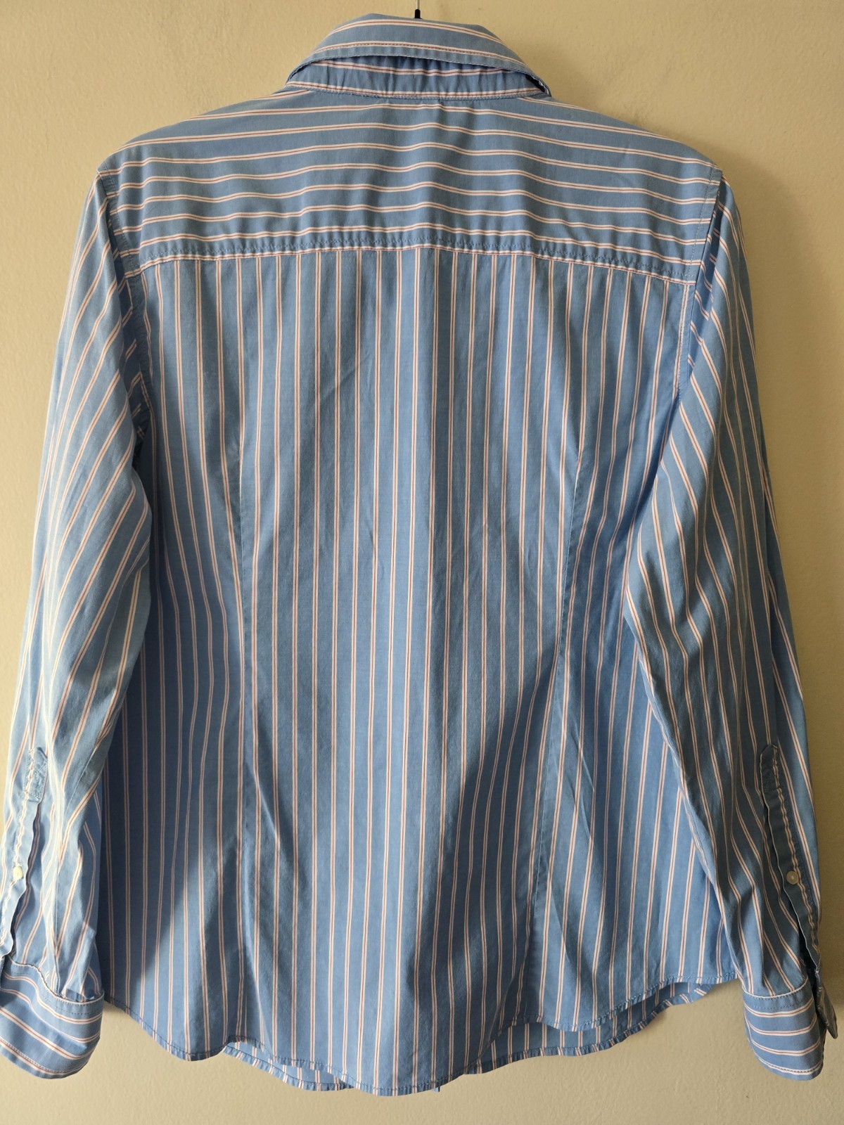 LL Bean Button Down Womens XL Blue/Red Stripe Roll Tab Top Career Casual Preppy