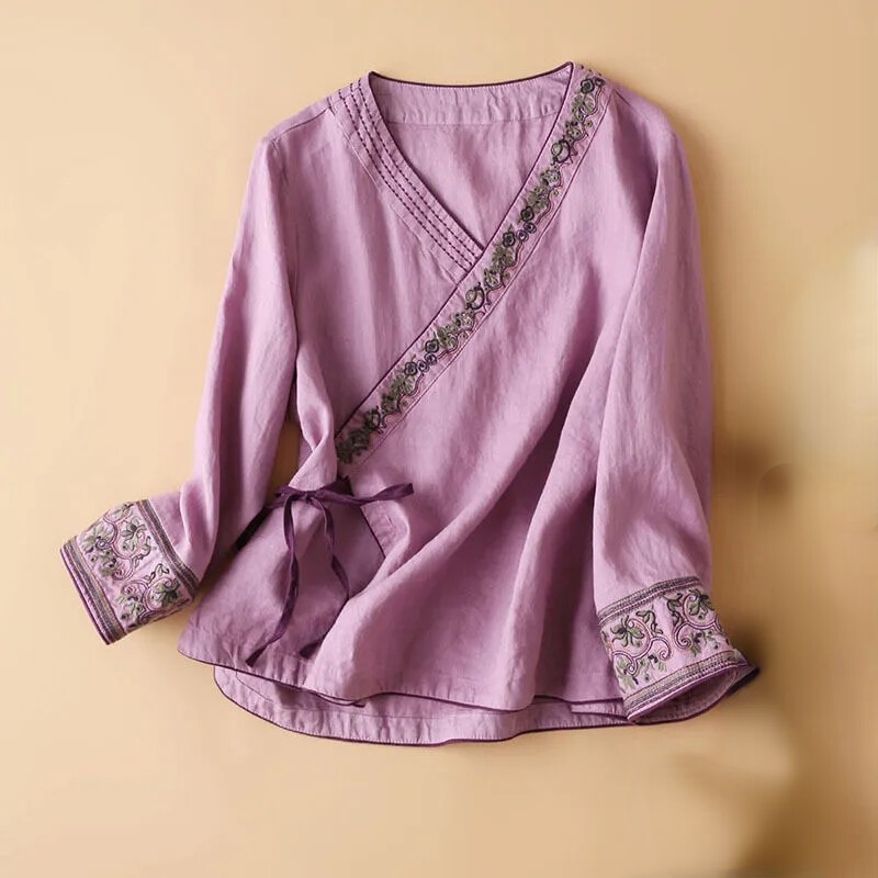 Lady Top Chinese Shirt Blouse Floral Hanfu Embroidery Floral Casual Ethnic Retro
