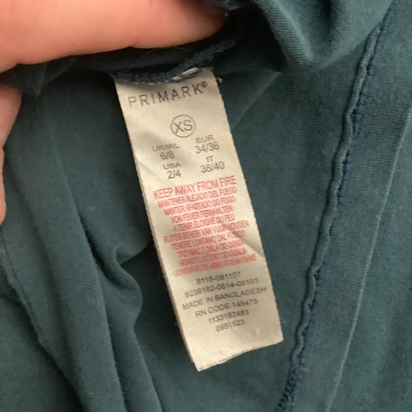 Primark Womens Long Sleeve Top XS Teal Green 95% Cotton 5% Elastane Regular Fit