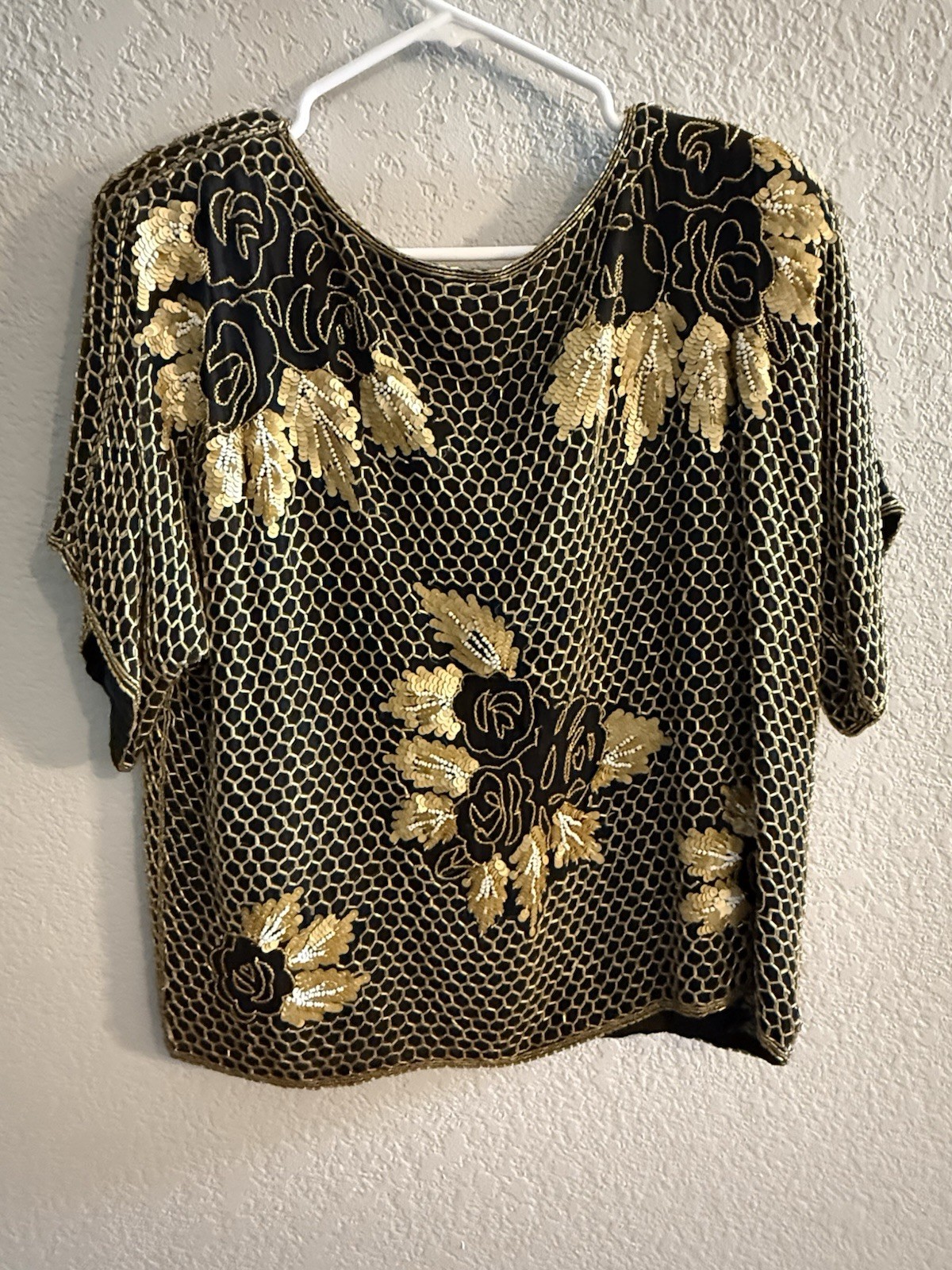 Vintage Jean for Joseph Le Bon 100% Pure Silk Black & Gold Sequin Top Women S