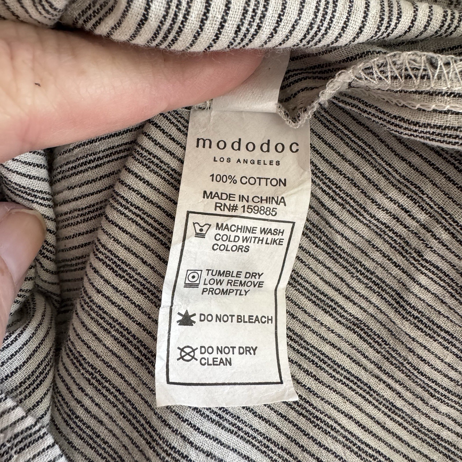 Mododoc Womens Large Gray White Striped 100% Cotton V Neck 3/4 Sleeve Blouse