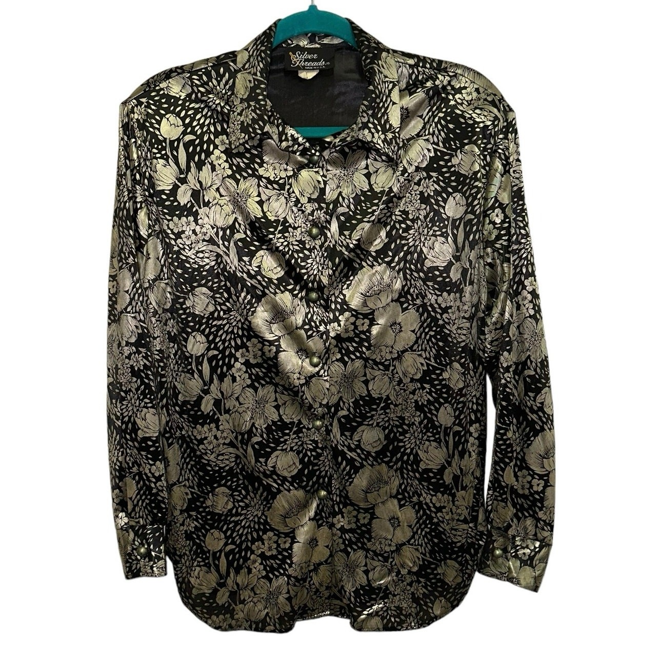 Vintage Silver Threads Floral Blouse Women Medium Black Gold Button Up Shirt