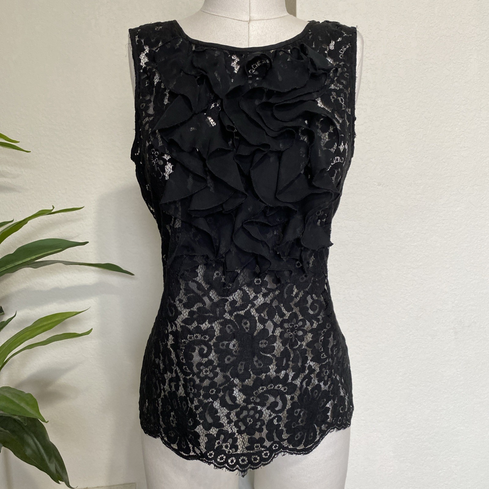 ECI NY Sheer Floral Black Lace Top Sz M 10 Sleeveless Ruffle Victorian Romantic