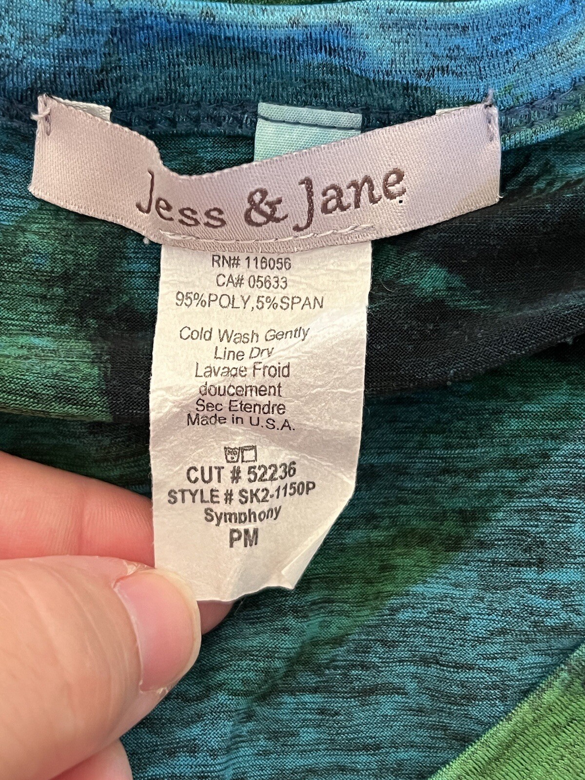 Jess & Jane Blue Green Brush Stroke Swirl V Neck Tunic Art to Wear Boho PM