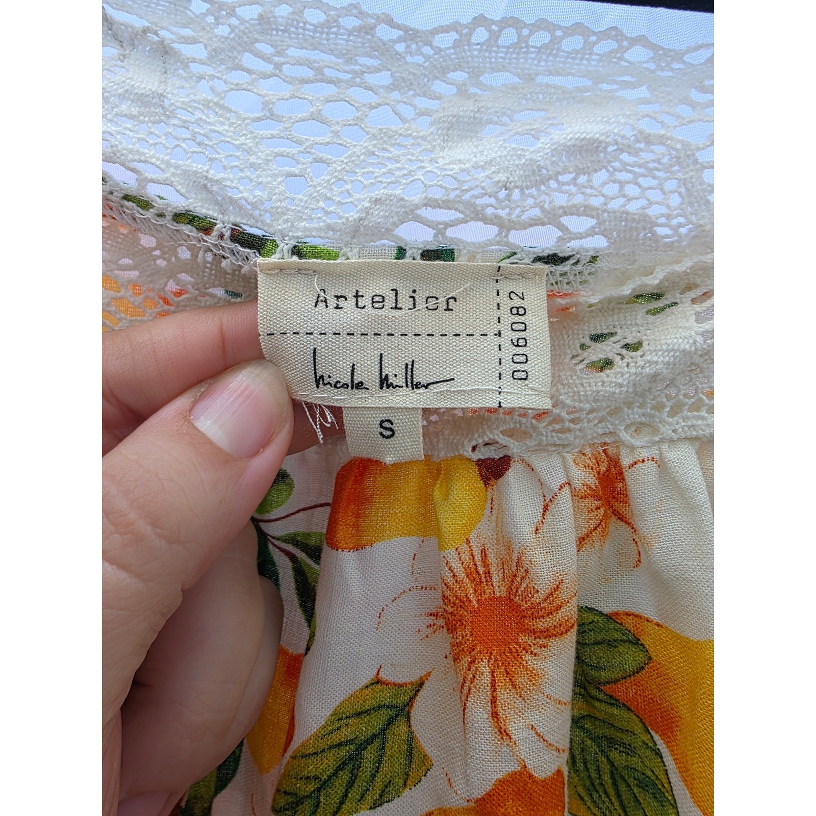 Artelier Nicole Miller Cashew Floral Lace Trim Puff Sleeve Peasant Dress Small