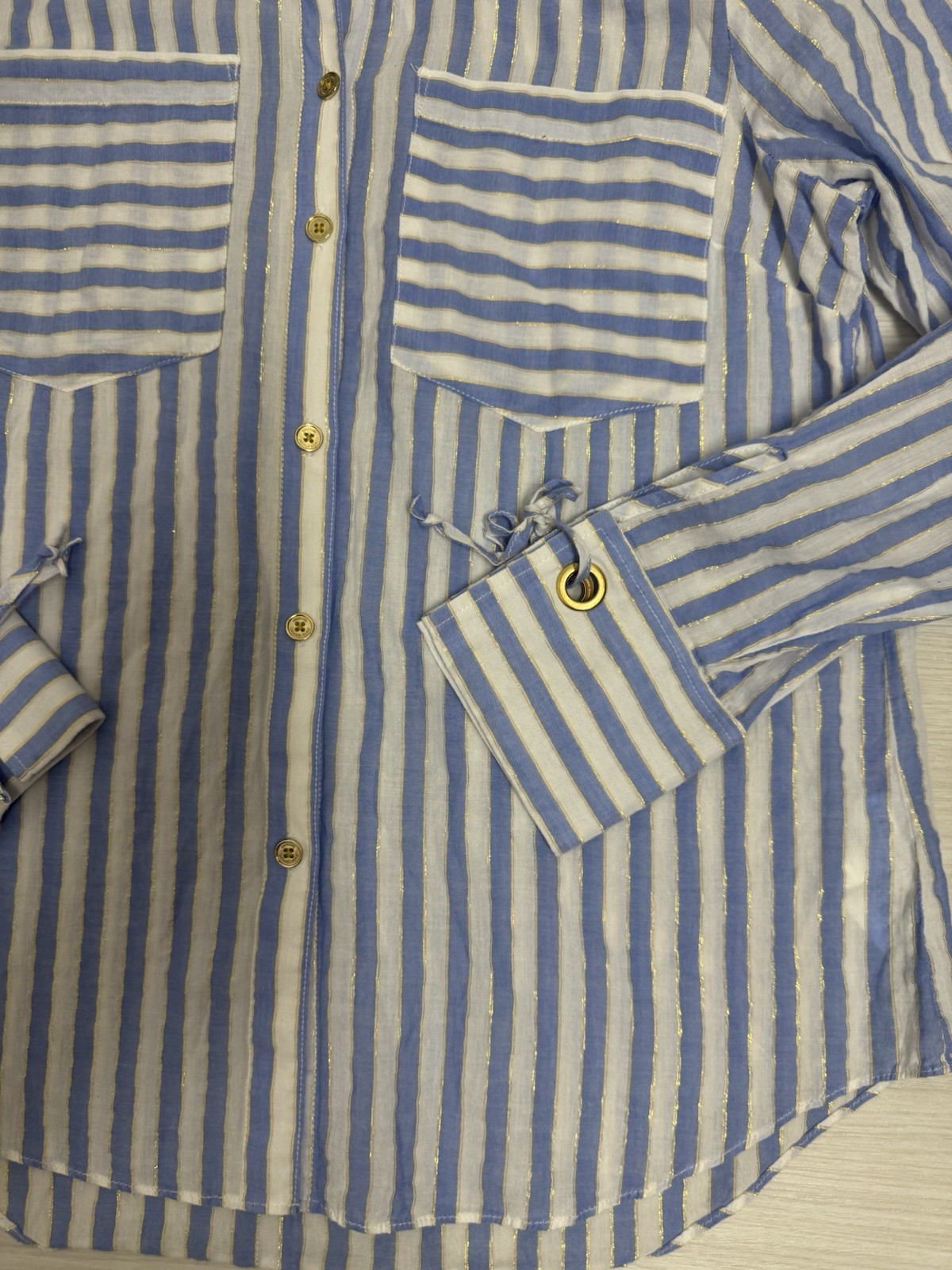 Michael Kors Blue & White Striped Gold Style Long Sleeve Button Up Women’s S
