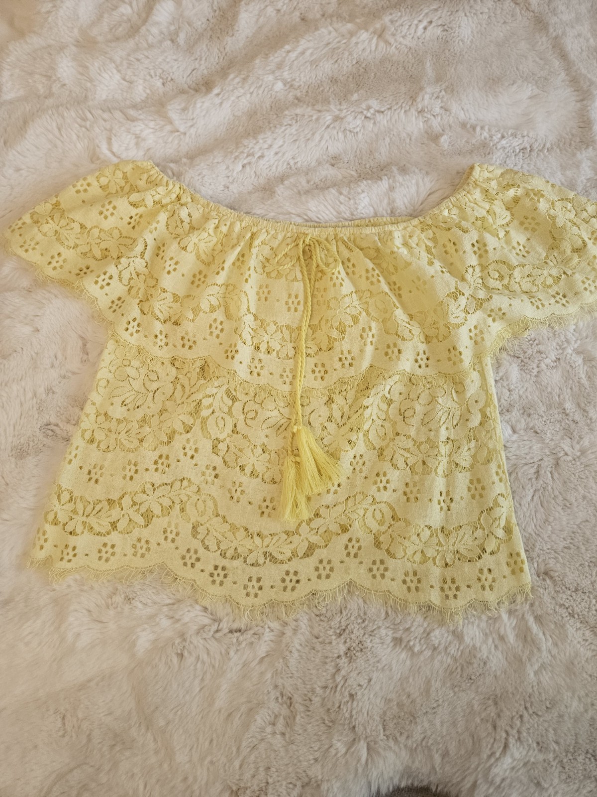 Flying Tomato Yellow Lace Off-Shoulder Boho Top With Tassels Size M