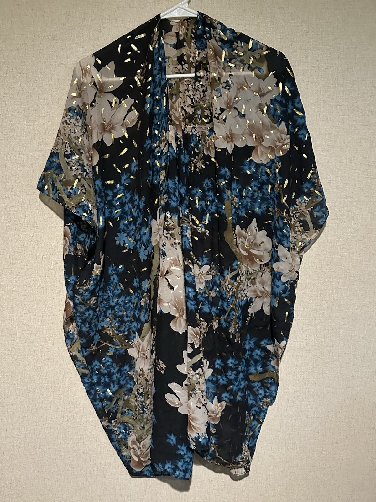 Jessica McClintock OS Floral Print Sheer Gold Accents Lightweight Kimono
