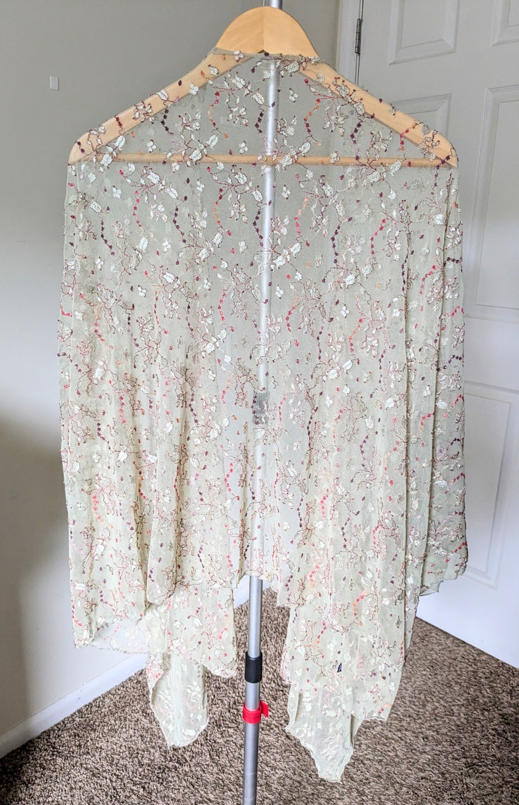 Sage Gray Lace Embroidery Floral Kimono Sheer Cardigan Open Boho Cover Up Duster